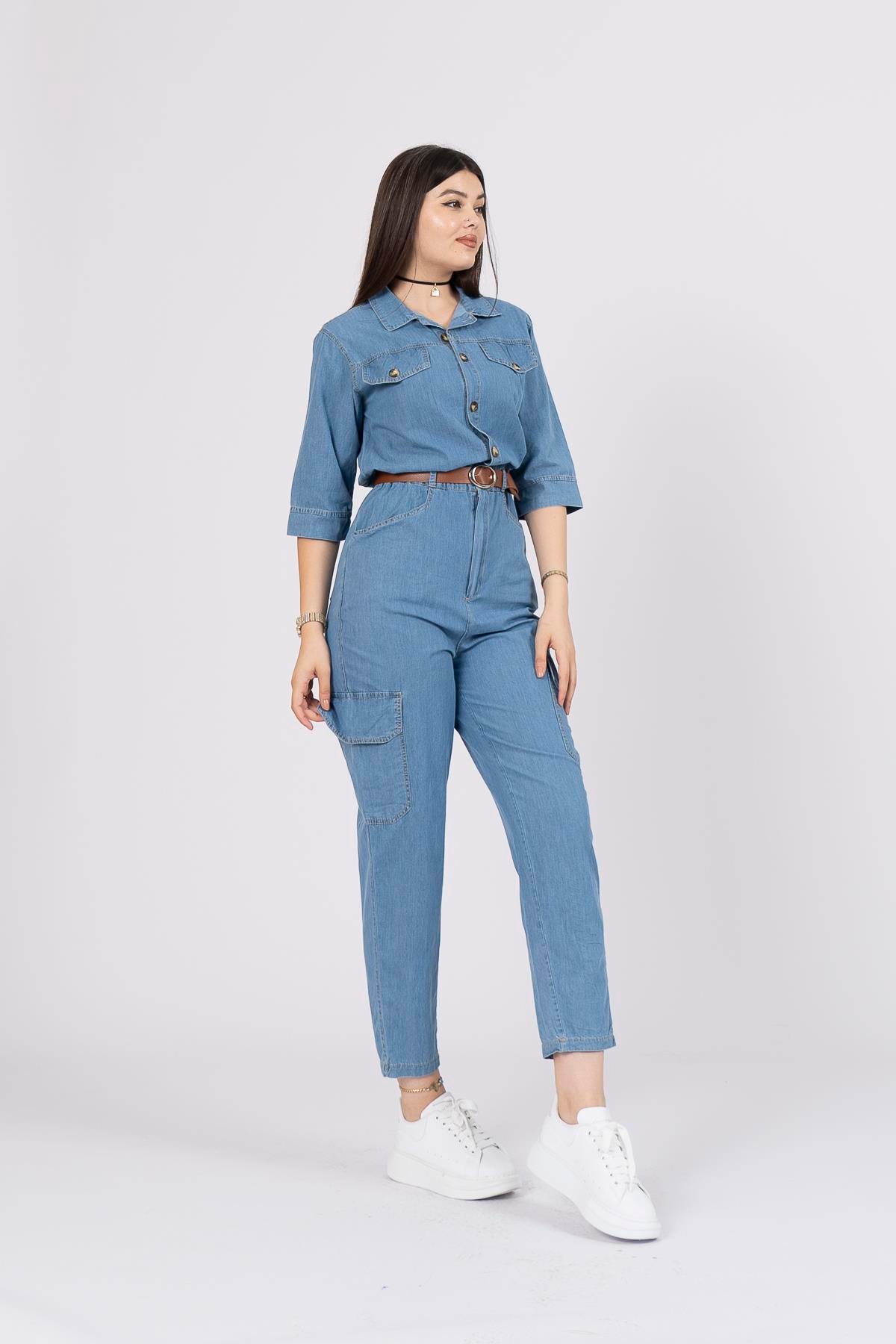 Kemerli Kot Denim Jean Kargo Cepli Tulum