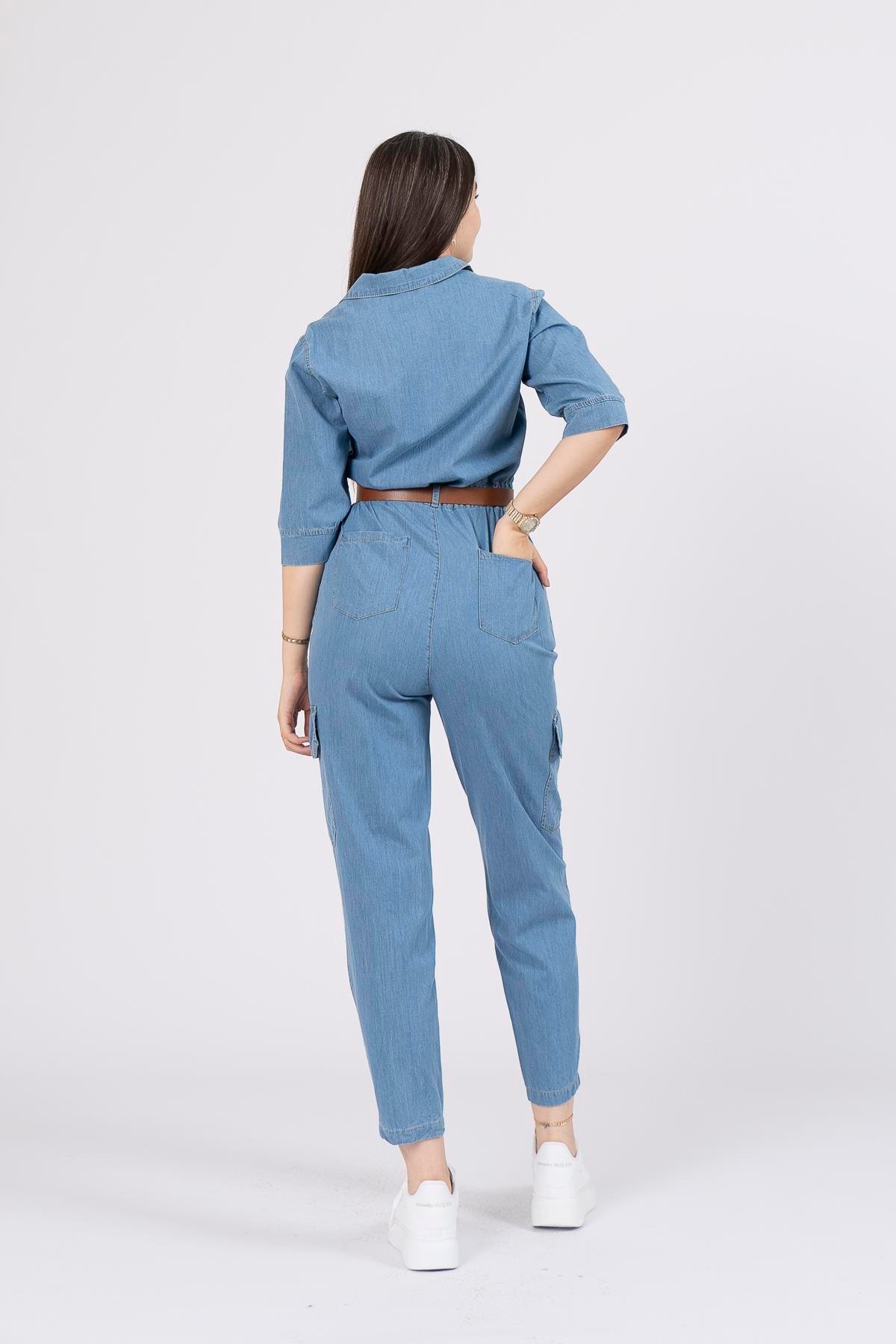 Kemerli Kot Denim Jean Kargo Cepli Tulum