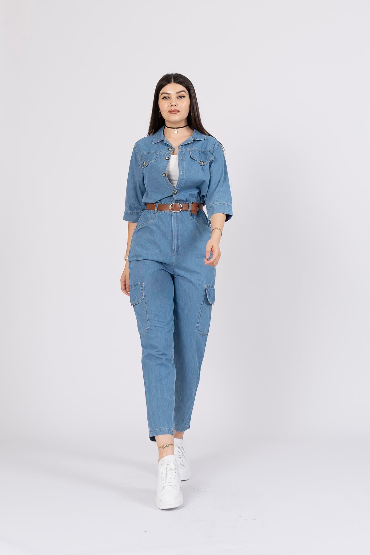 Kemerli Kot Denim Jean Kargo Cepli Tulum