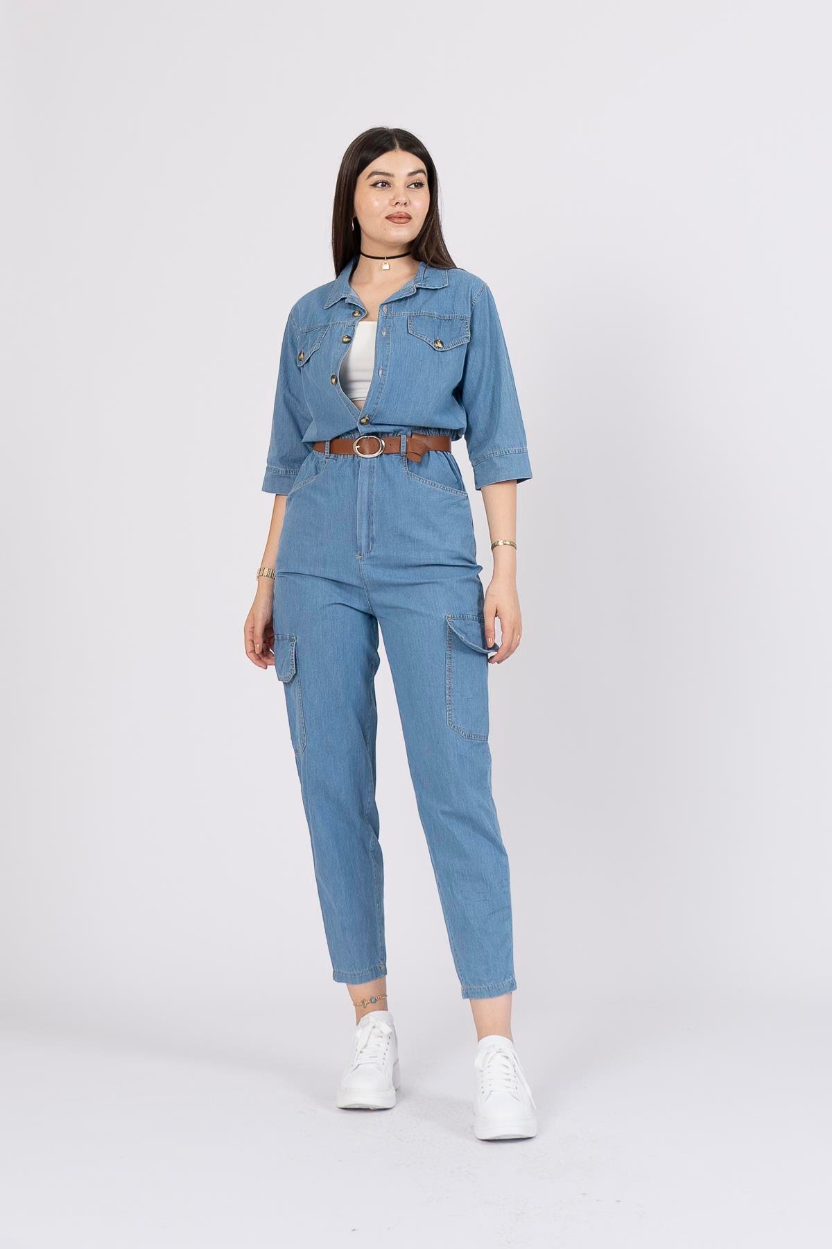 Kemerli Kot Denim Jean Kargo Cepli Tulum