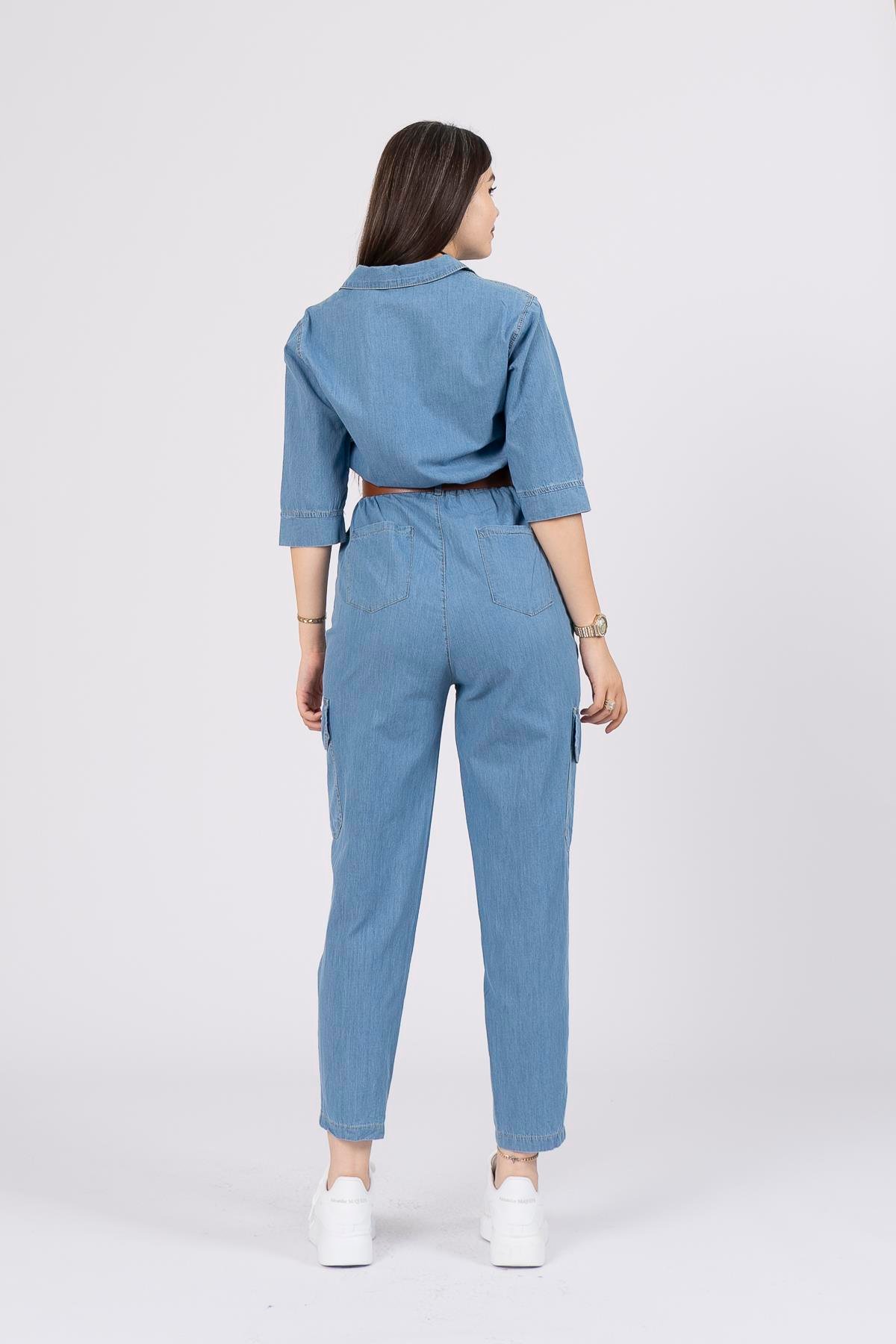 Kemerli Kot Denim Jean Kargo Cepli Tulum