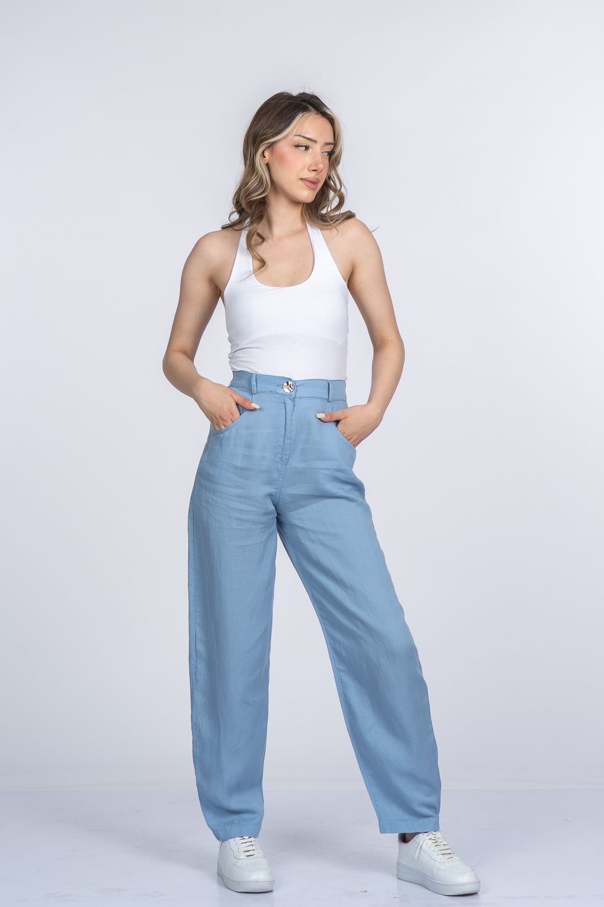 Alina Dar Paça Balon Form Keten Pantolon 30398