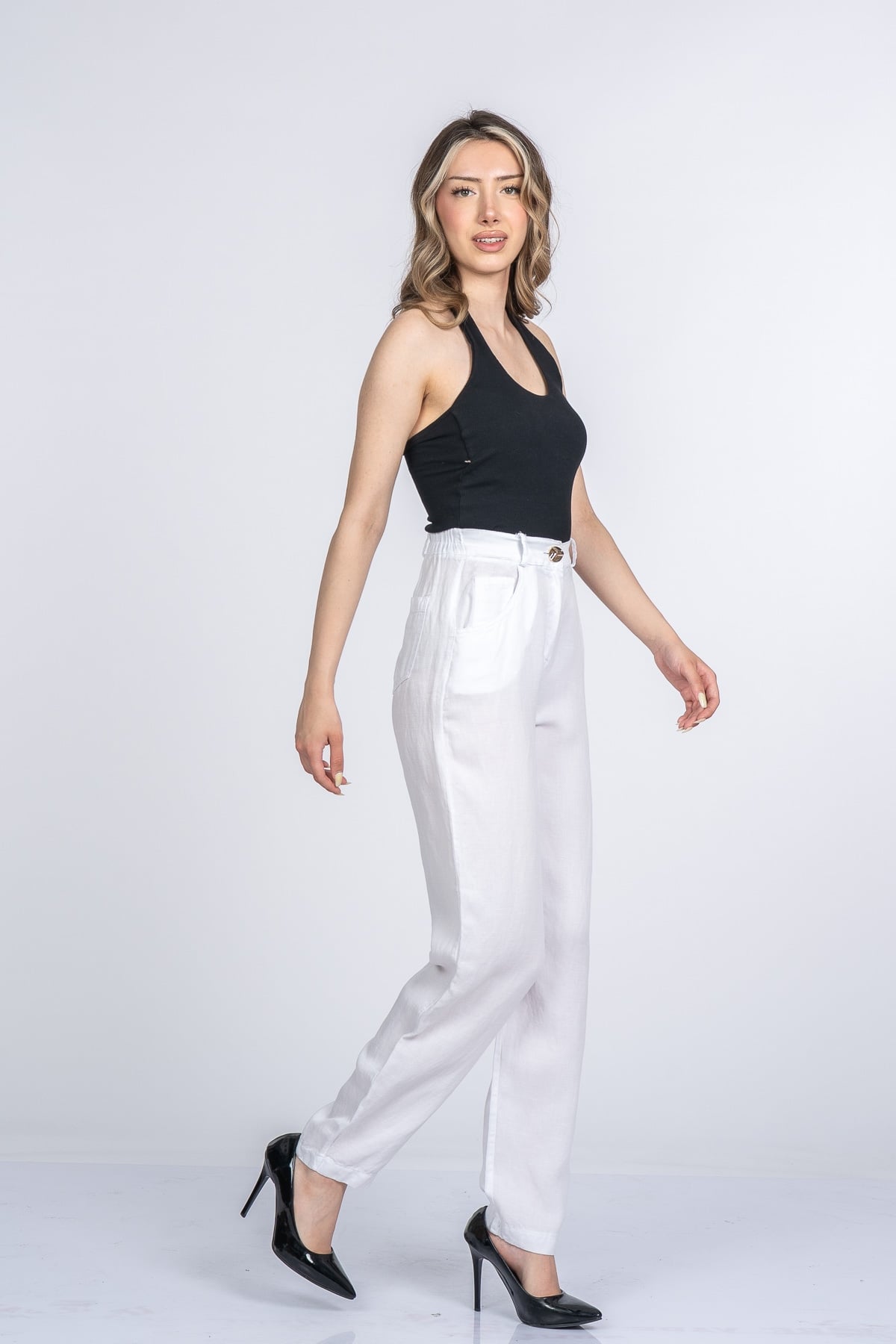 Alina Dar Paça Balon Form Keten Pantolon 30398