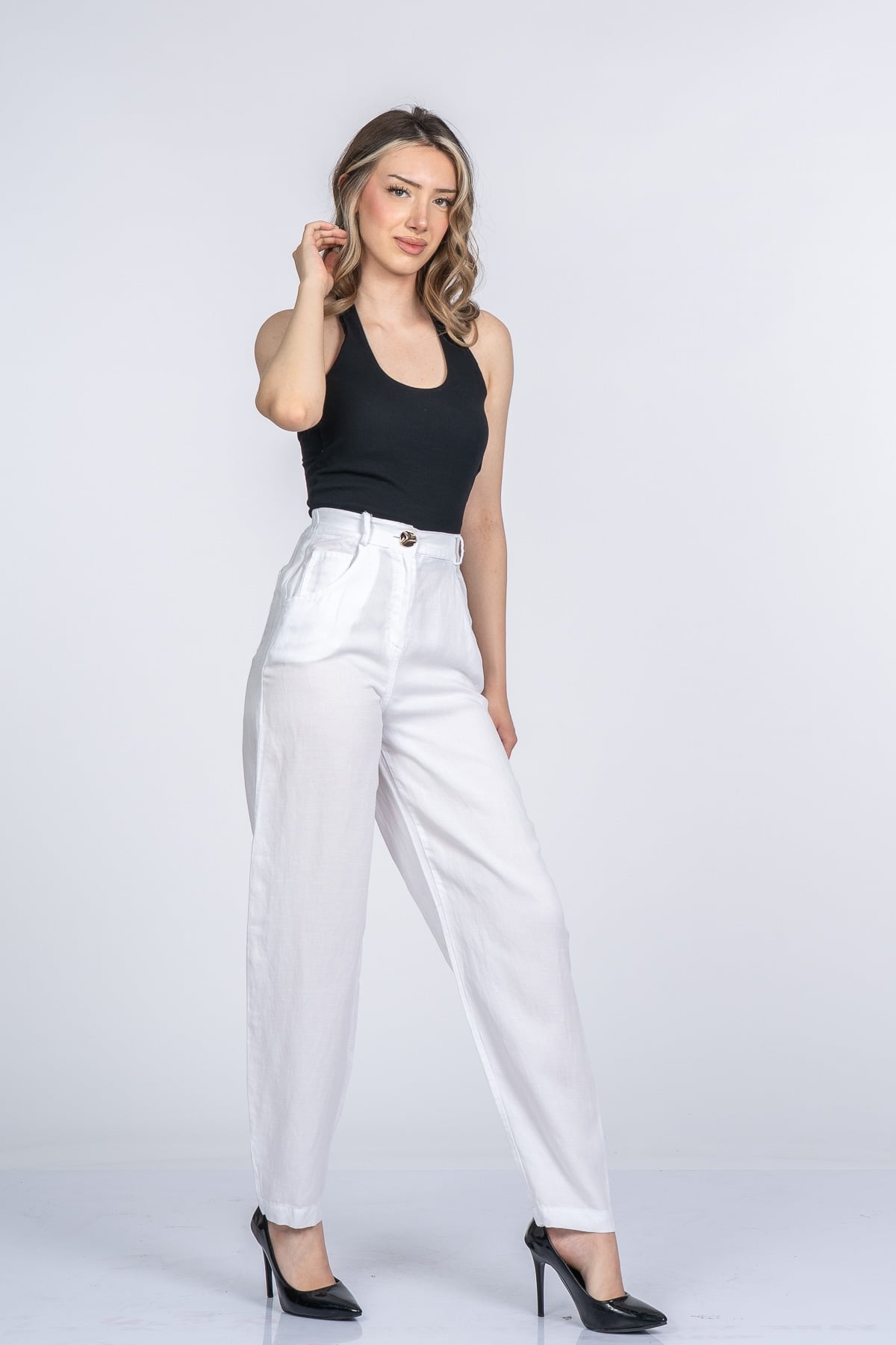 Alina Dar Paça Balon Form Keten Pantolon 30398