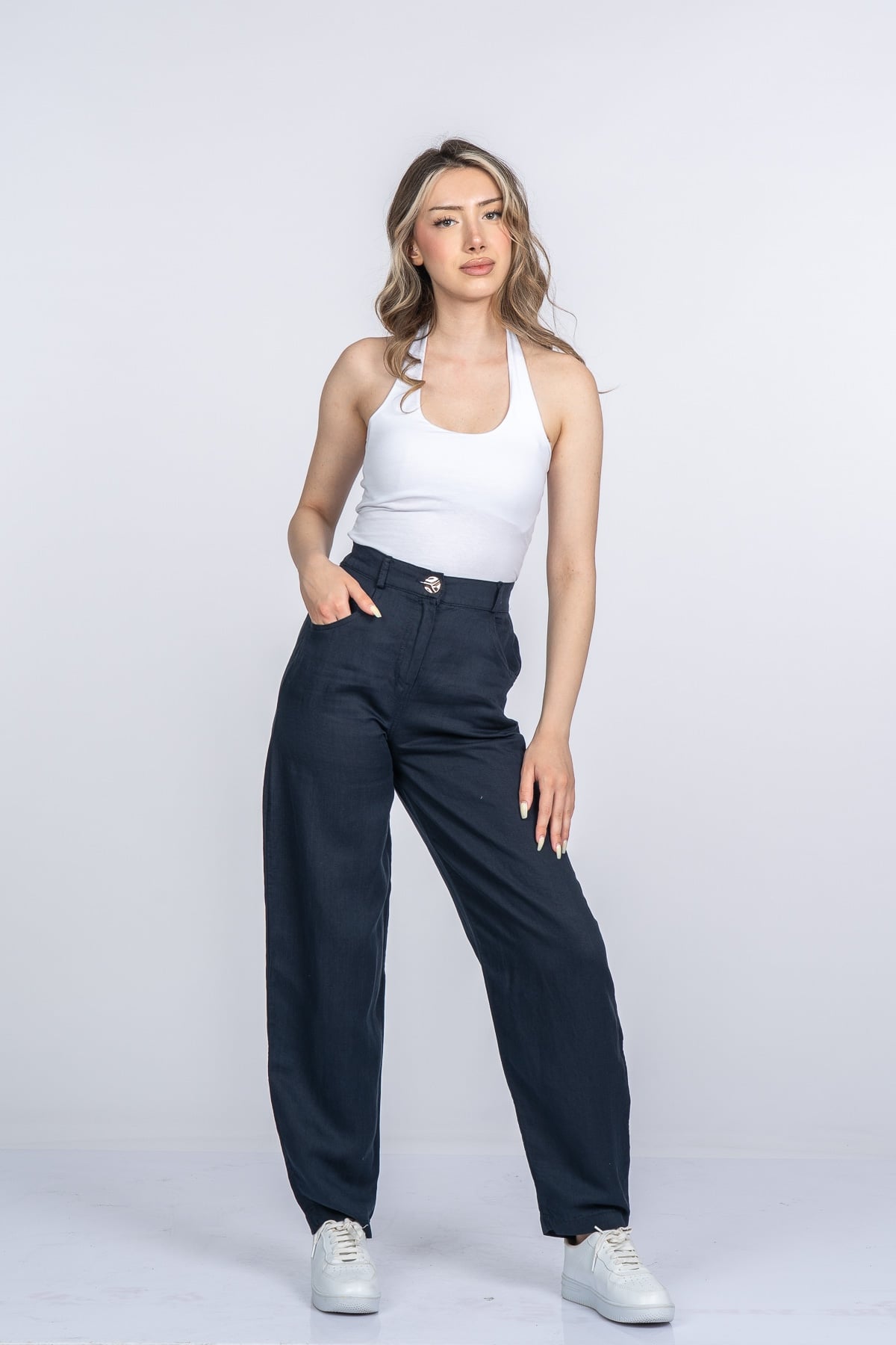 Alina Dar Paça Balon Form Keten Pantolon 30398