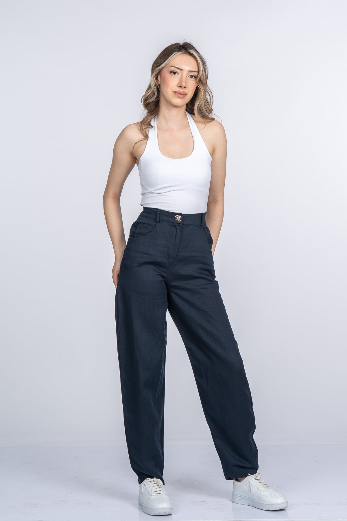 Alina Dar Paça Balon Form Keten Pantolon 30398