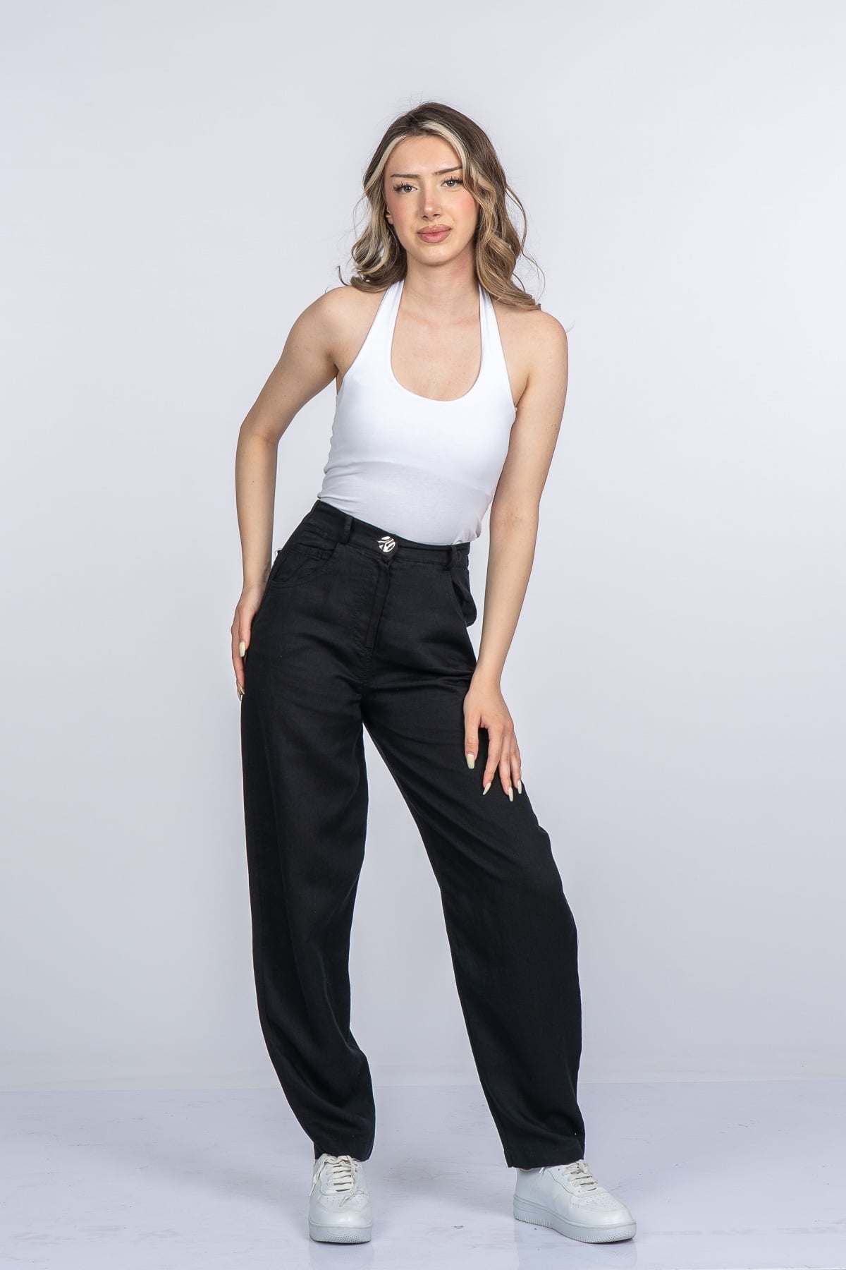 Alina Dar Paça Balon Form Keten Pantolon 30398