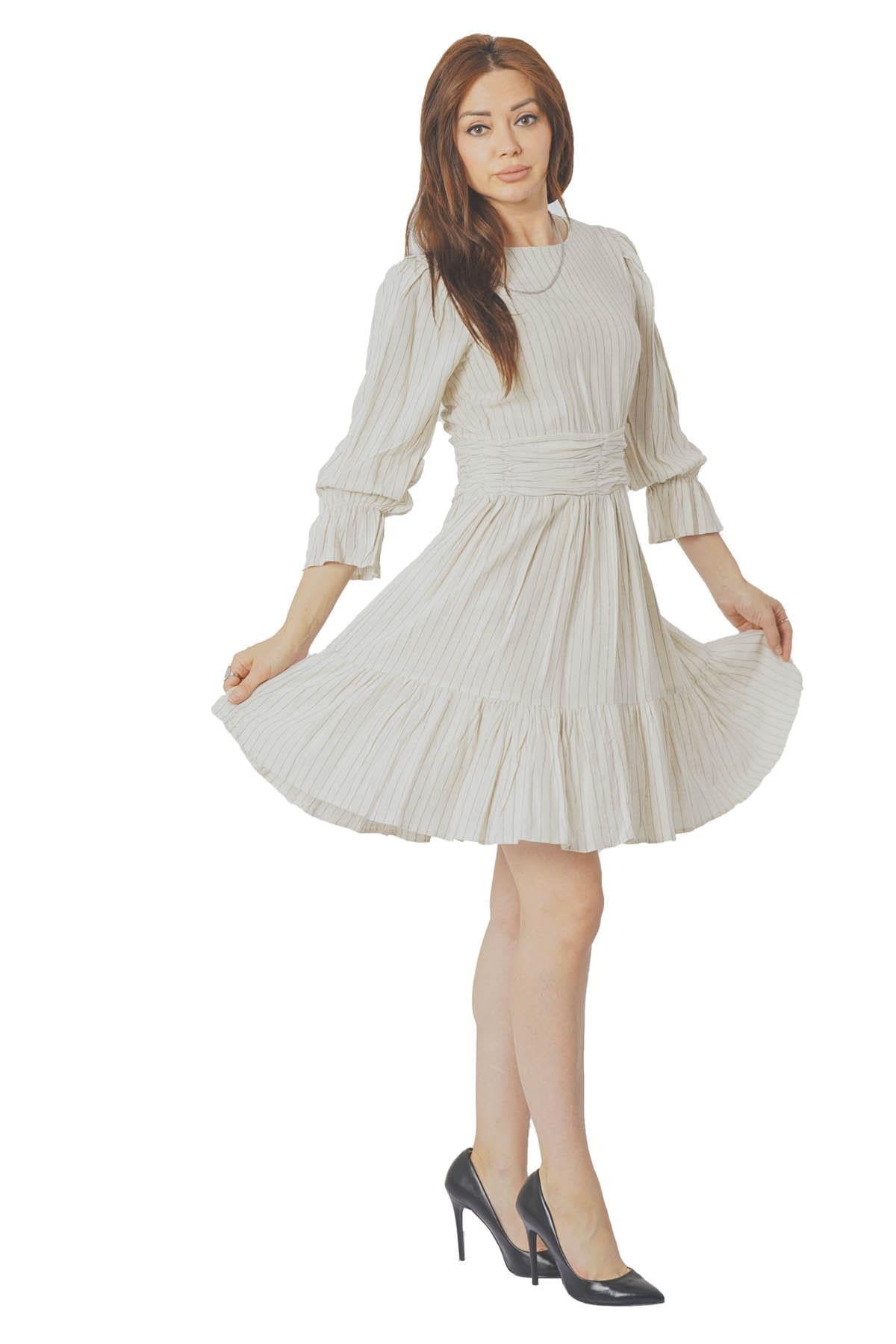 BELİ DRAPELİ ÇİZGİLİ ELBİSE