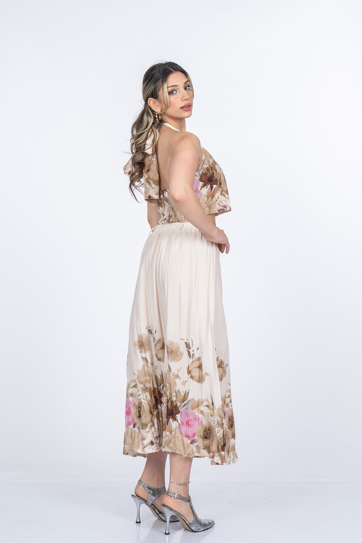 Boyun Bağlama Çiçek Desenli Crop Bluz ve Piliseli Midi Etek Takım 1313