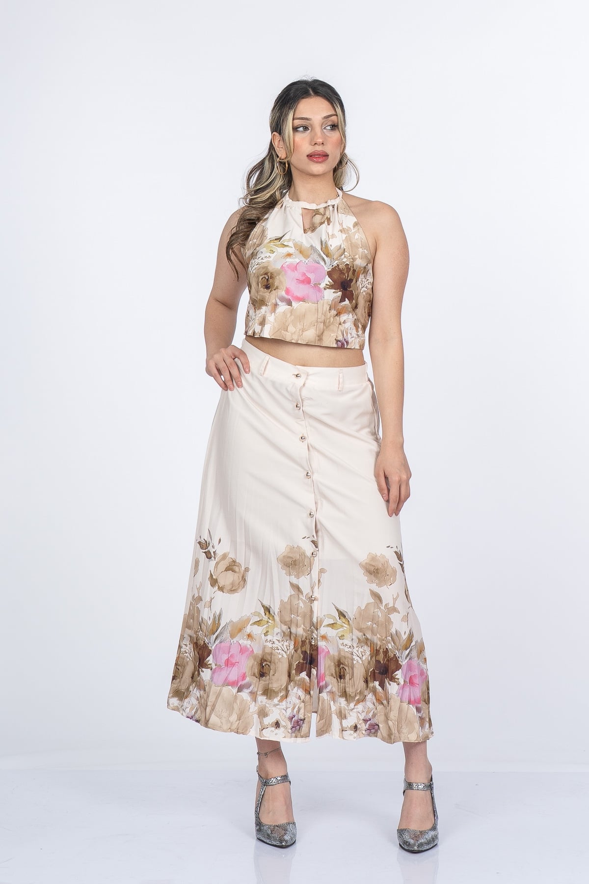 Boyun Bağlama Çiçek Desenli Crop Bluz ve Piliseli Midi Etek Takım 1313
