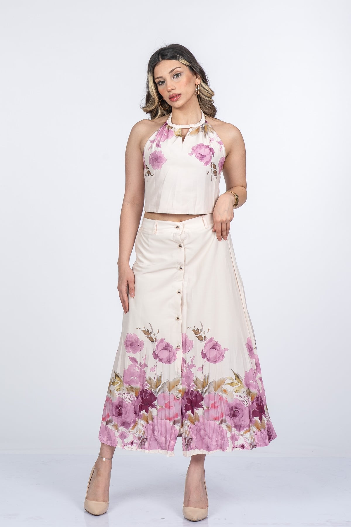 Boyun Bağlama Çiçek Desenli Crop Bluz ve Piliseli Midi Etek Takım 1313
