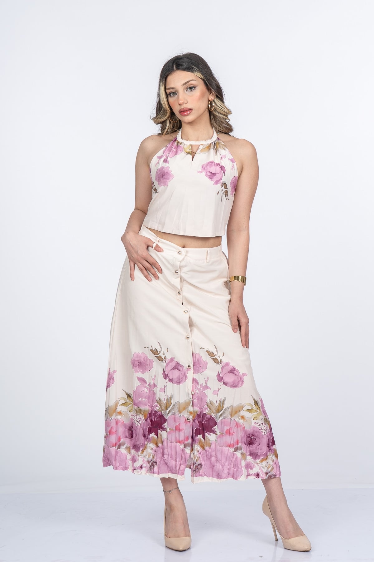 Boyun Bağlama Çiçek Desenli Crop Bluz ve Piliseli Midi Etek Takım 1313