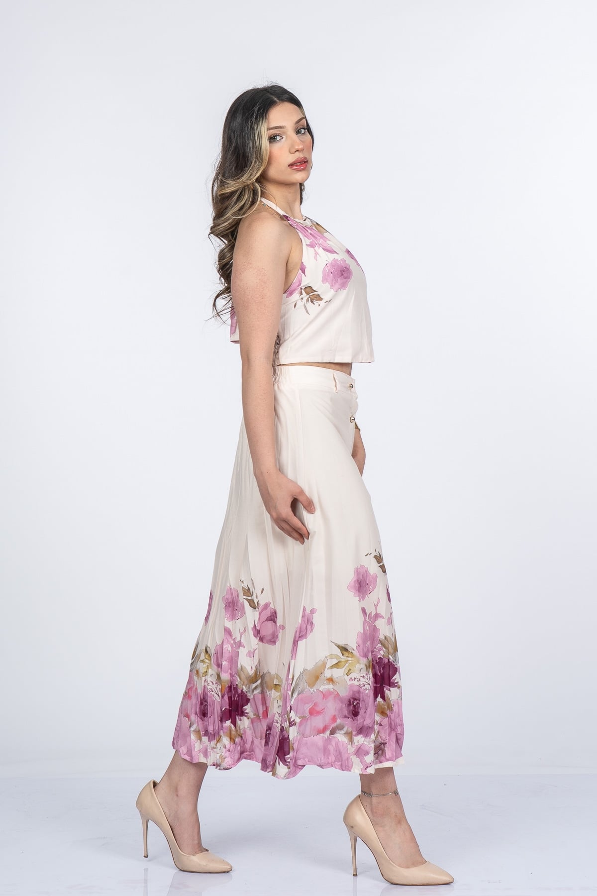 Boyun Bağlama Çiçek Desenli Crop Bluz ve Piliseli Midi Etek Takım 1313