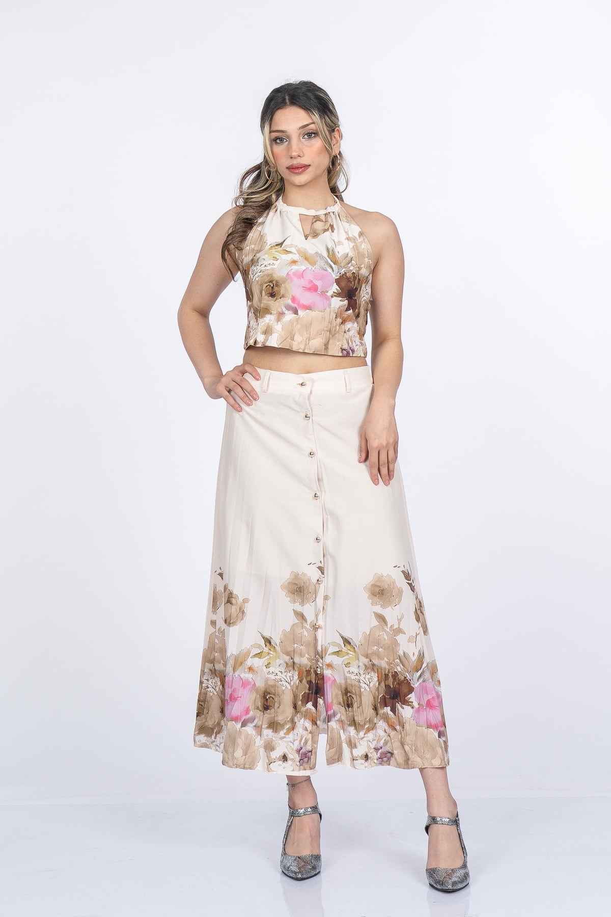 Boyun Bağlama Çiçek Desenli Crop Bluz ve Piliseli Midi Etek Takım 1313