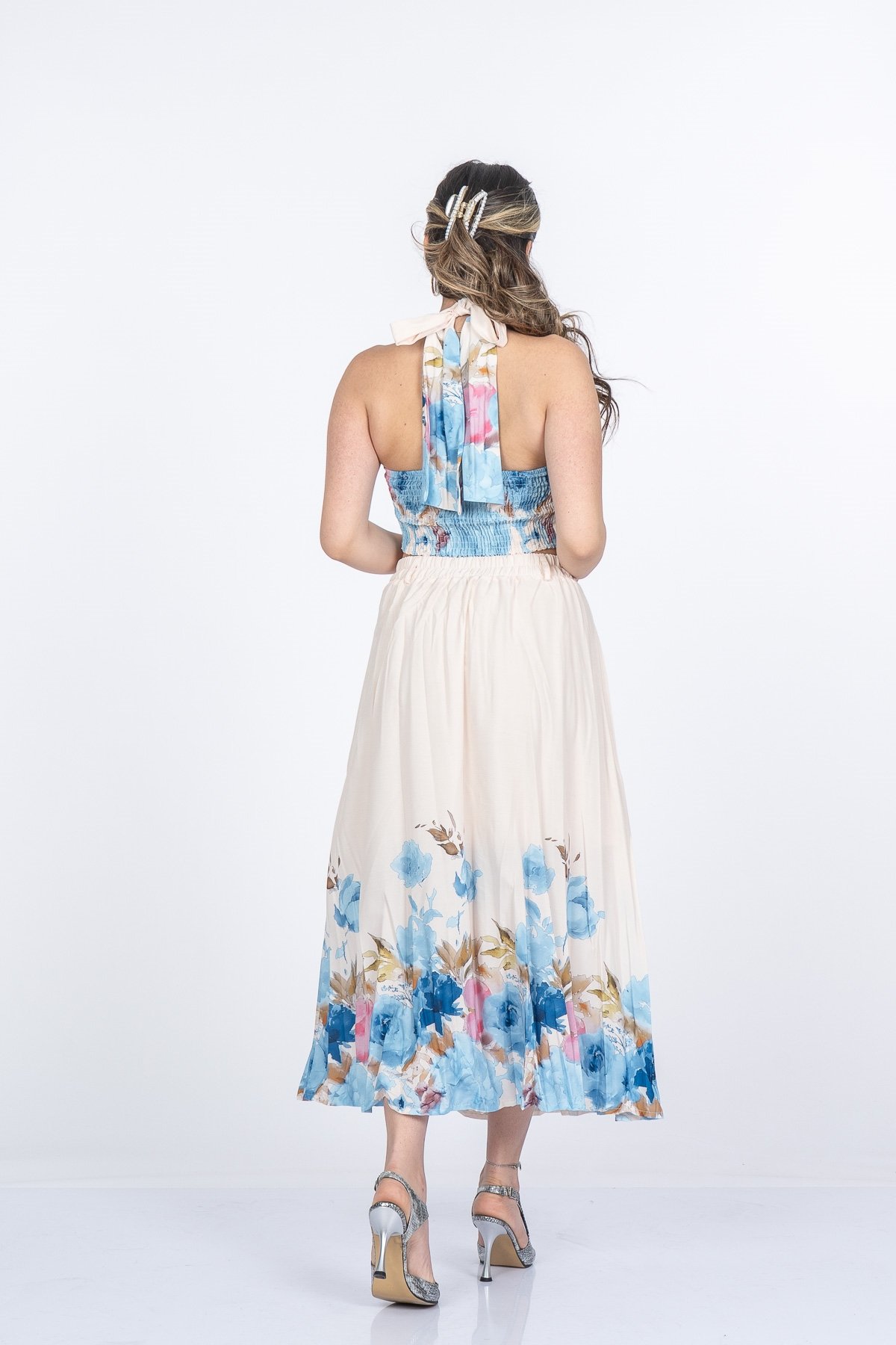 Boyun Bağlama Çiçek Desenli Crop Bluz ve Piliseli Midi Etek Takım 1313
