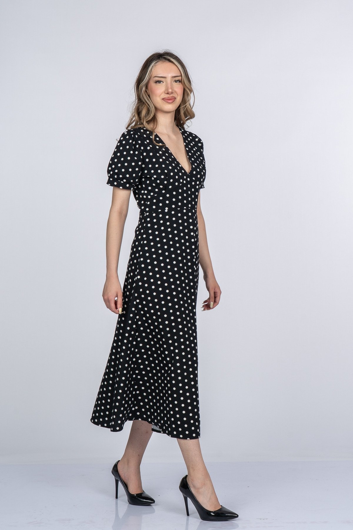 Celine Premium V Yaka Kısa Kollu Puantiye Desen Elbise 50412