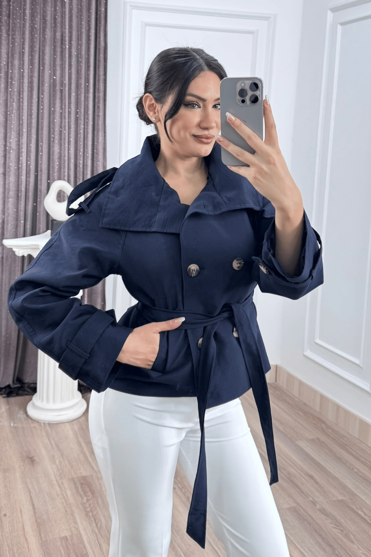 Dik Yaka Reglan Kol Kısa Trençkot – 8646