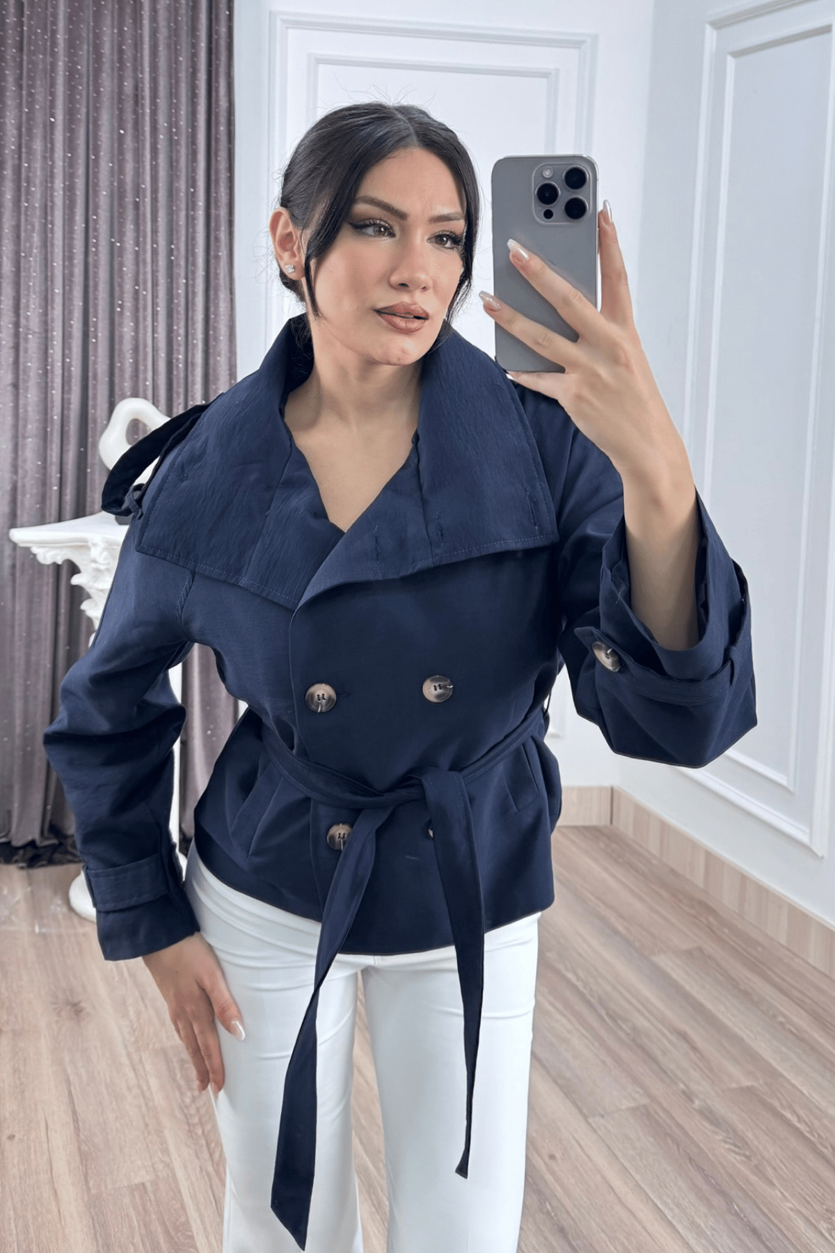 Dik Yaka Reglan Kol Kısa Trençkot – 8646