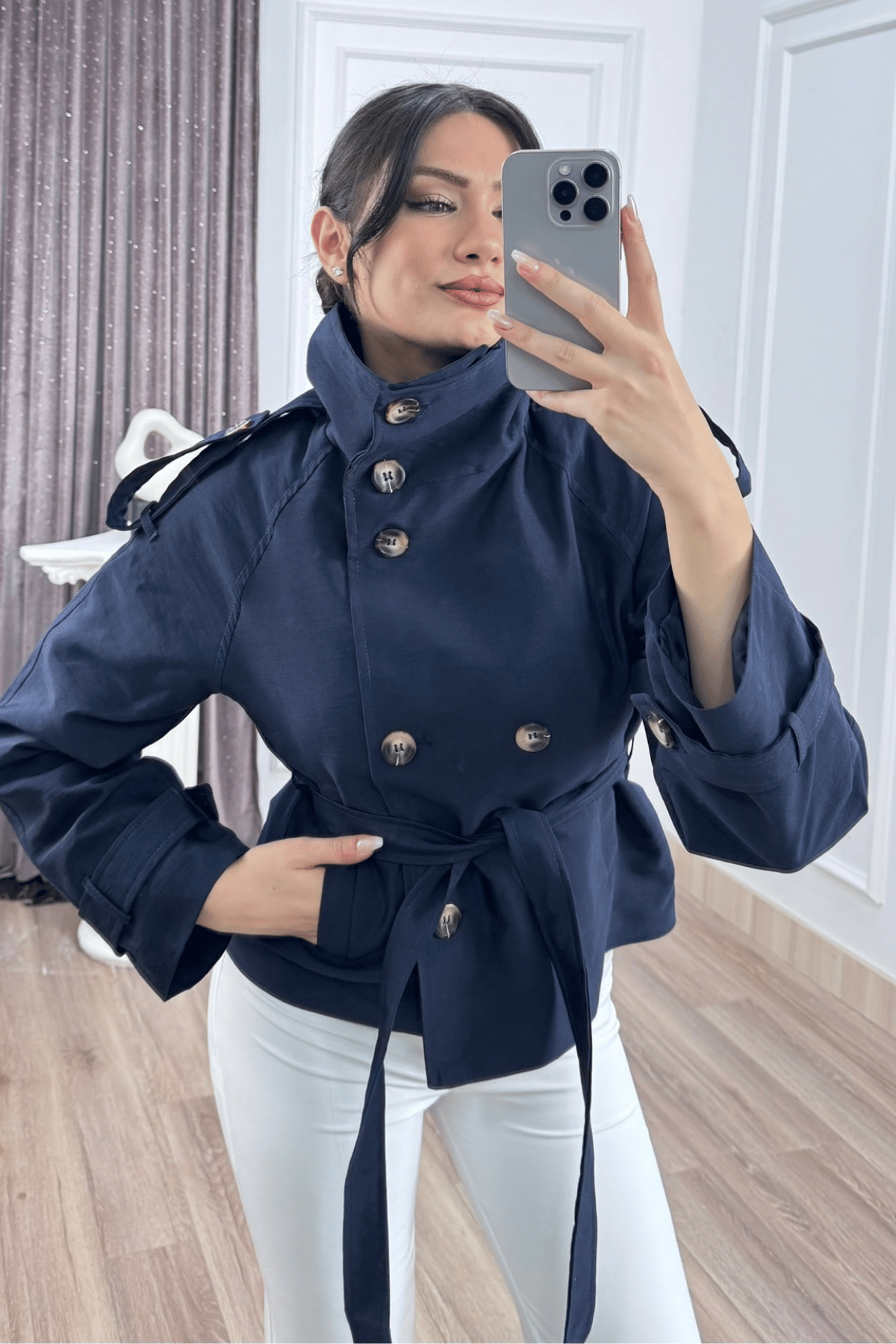Dik Yaka Reglan Kol Kısa Trençkot – 8646