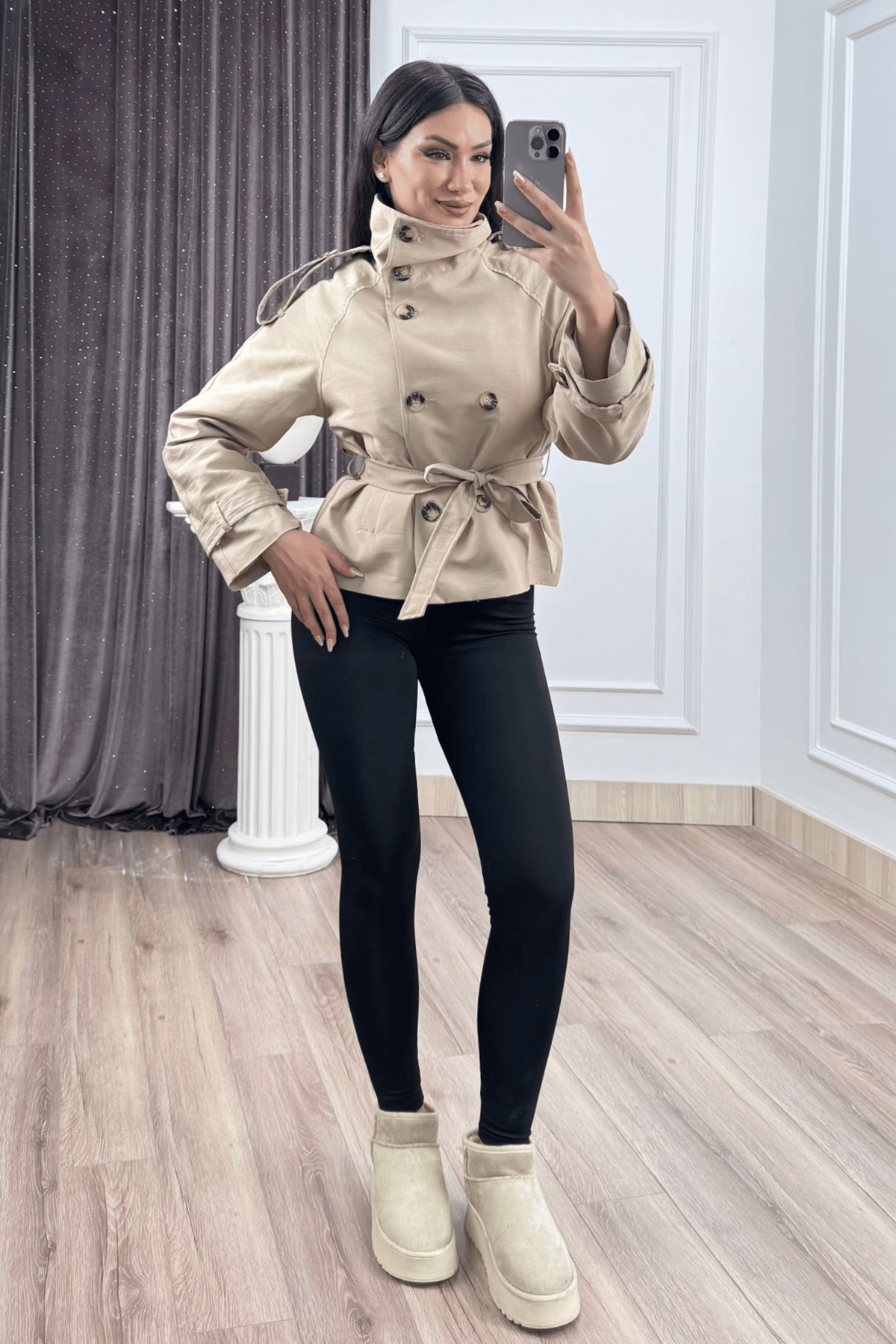 Dik Yaka Reglan Kol Kısa Trençkot – 8646