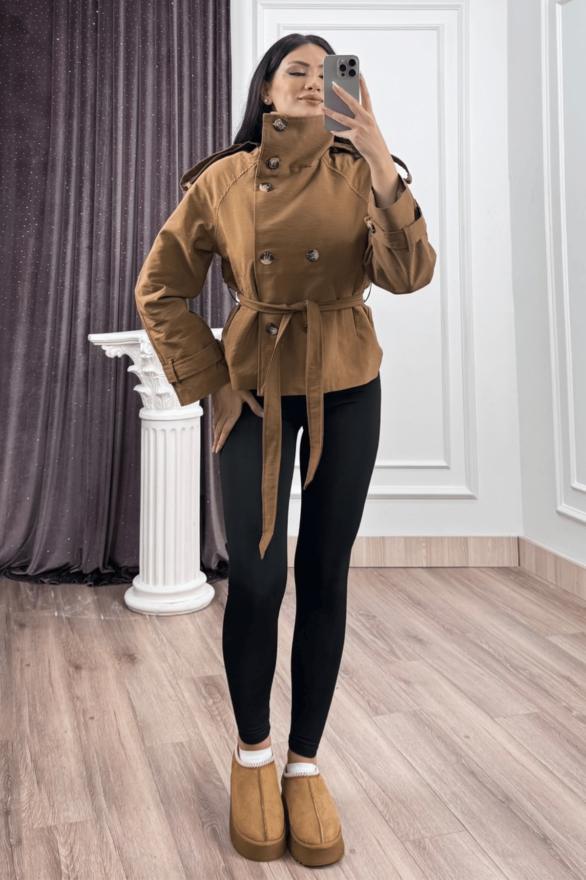 Dik Yaka Reglan Kol Kısa Trençkot – 8646