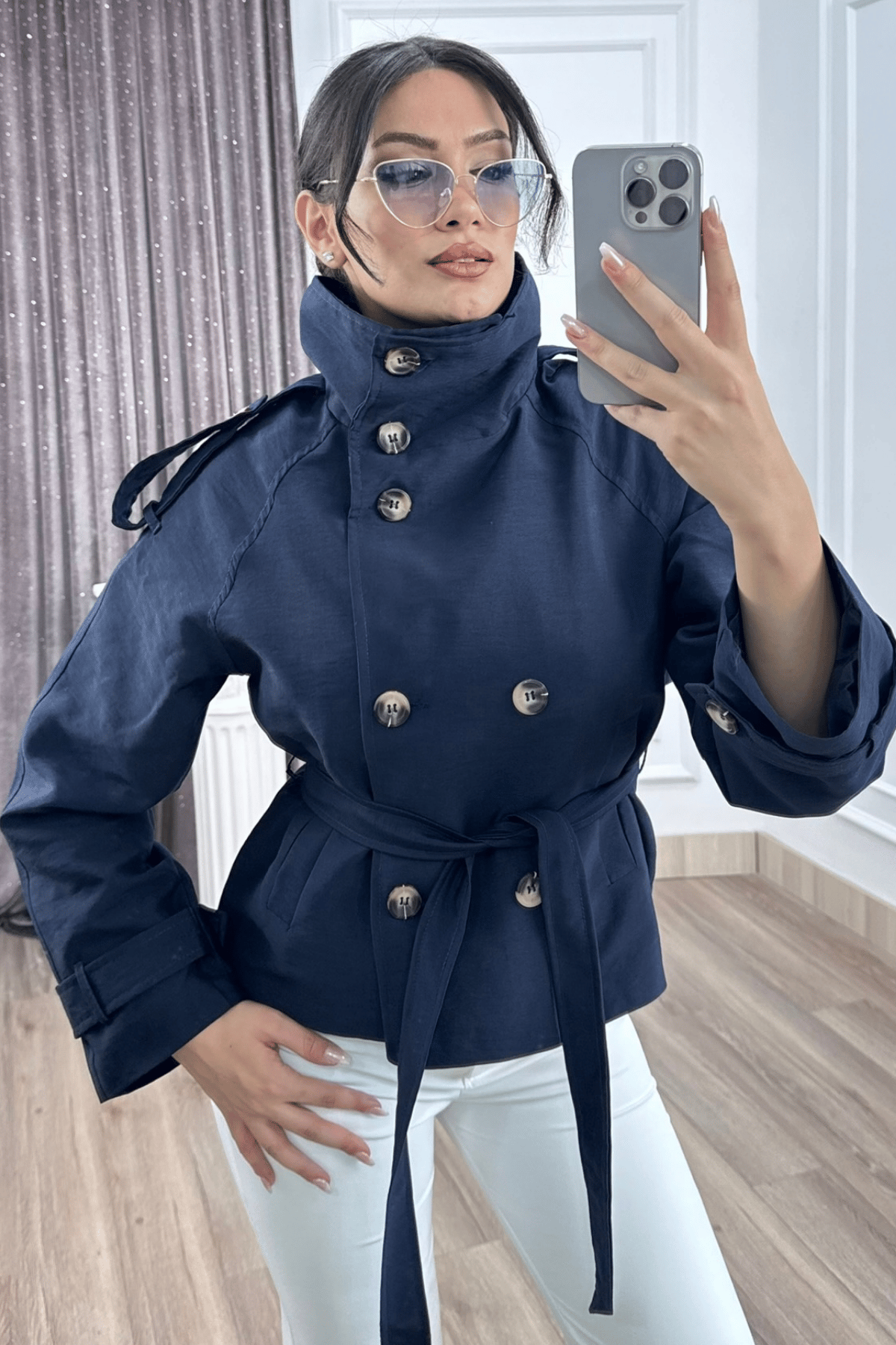 Dik Yaka Reglan Kol Kısa Trençkot – 8646