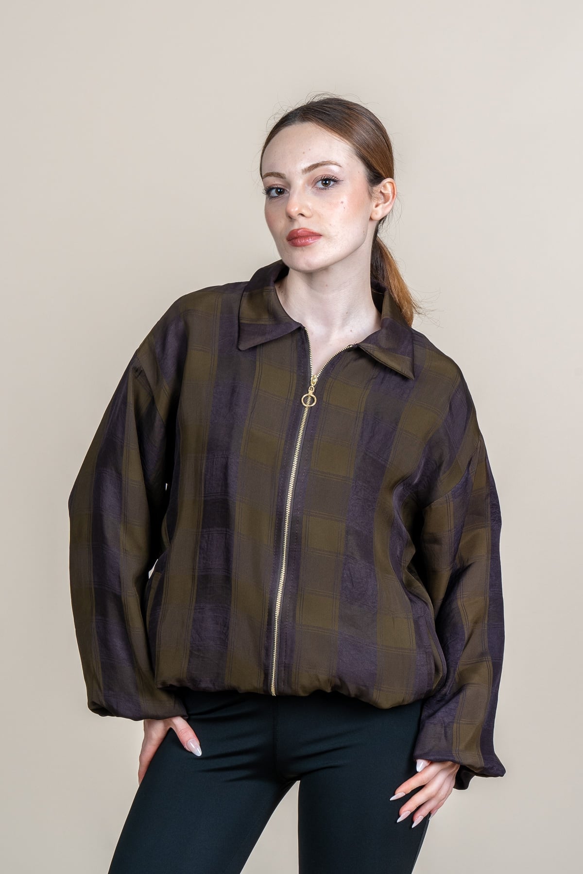 Ekose Desen Bel Lastikli Spor Bomber Ceket 8636
