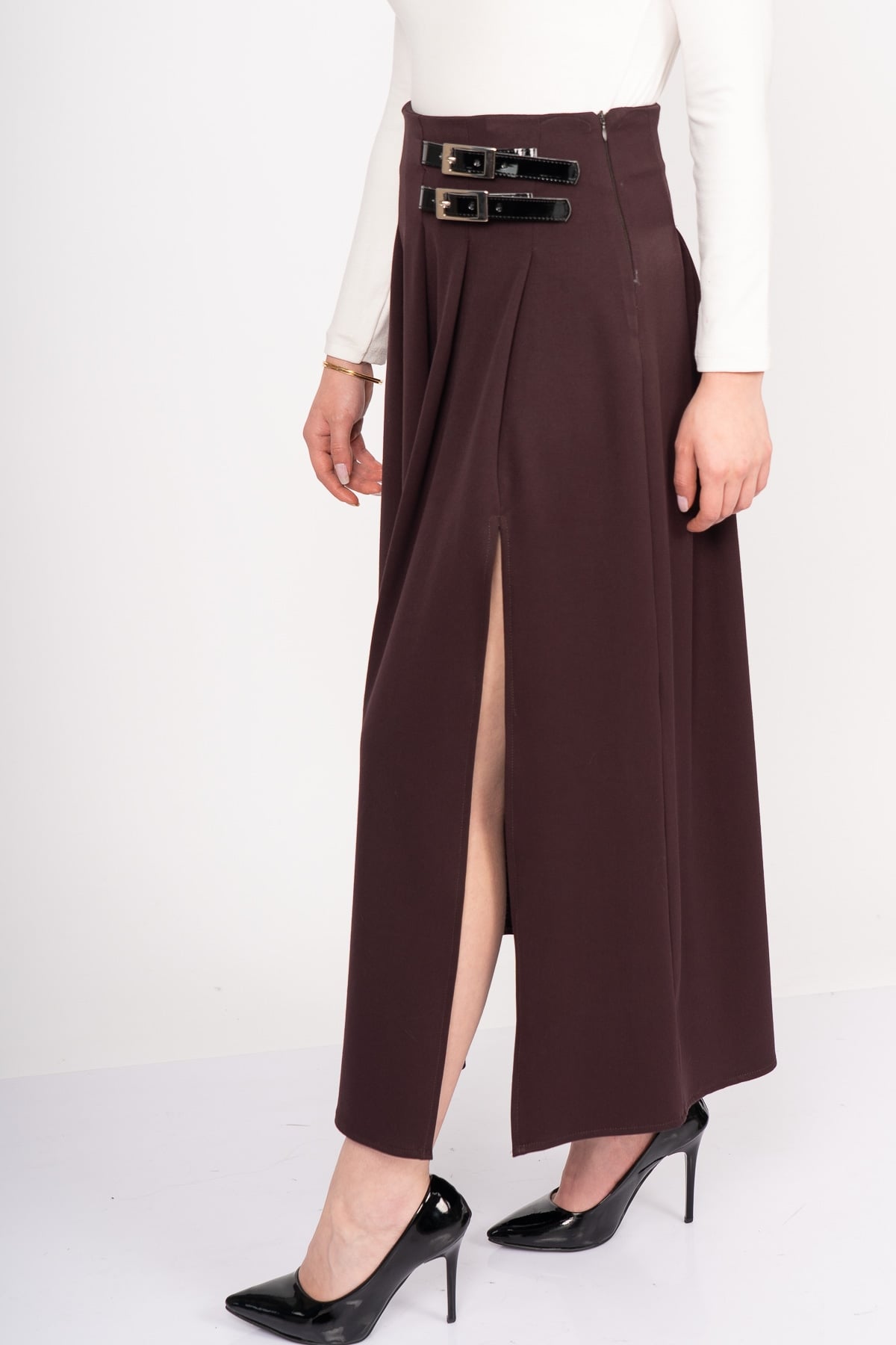 EleganceBelt Slit Skirt – Premium Pileli & Yırtmaçlı Etek 6829
