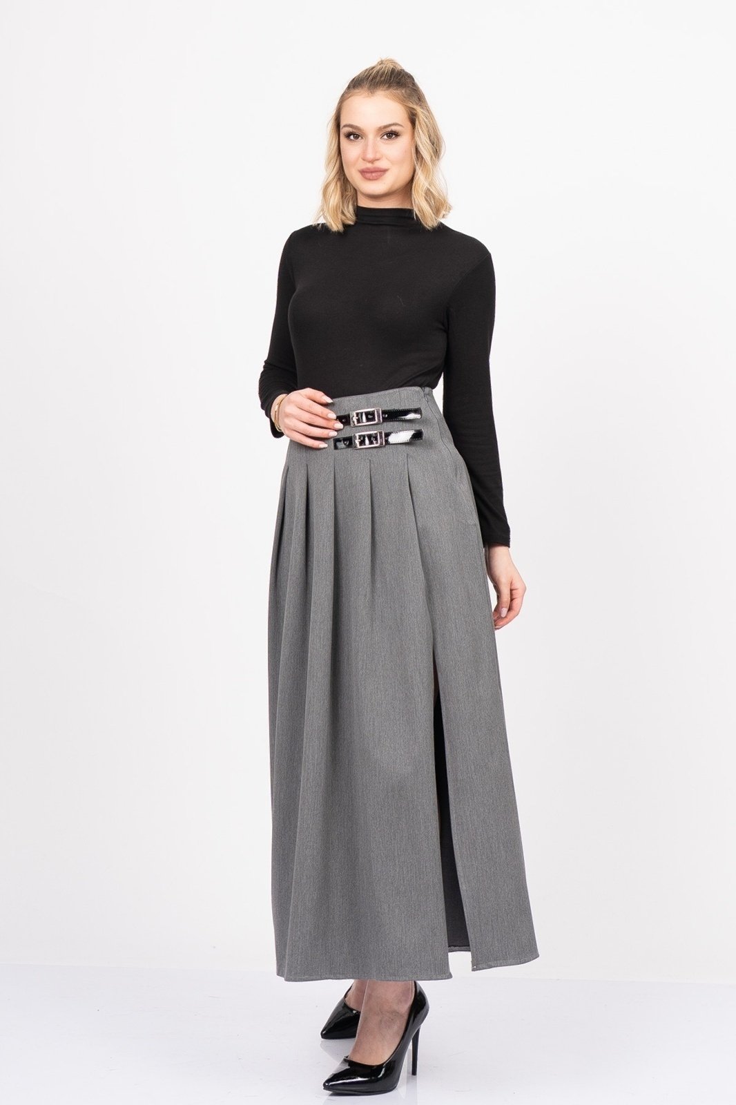 EleganceBelt Slit Skirt – Premium Pileli & Yırtmaçlı Etek 6829