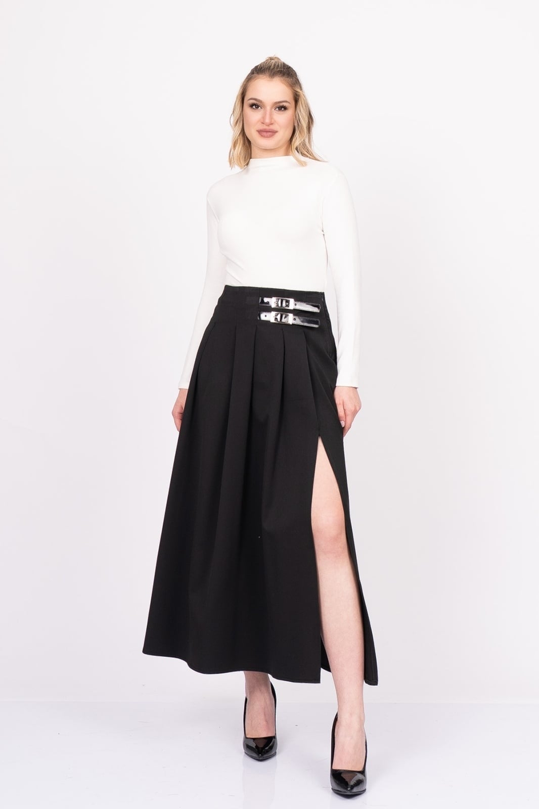 EleganceBelt Slit Skirt – Premium Pileli & Yırtmaçlı Etek 6829