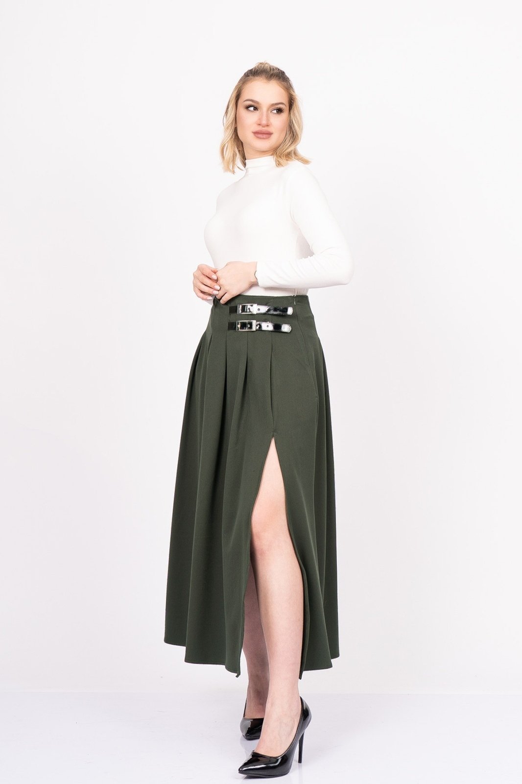 EleganceBelt Slit Skirt – Premium Pileli & Yırtmaçlı Etek 6829