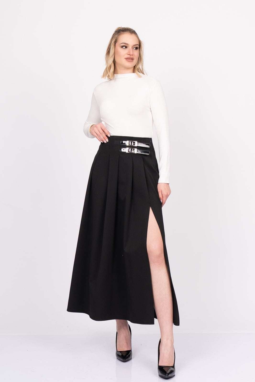 EleganceBelt Slit Skirt – Premium Pileli & Yırtmaçlı Etek 6829
