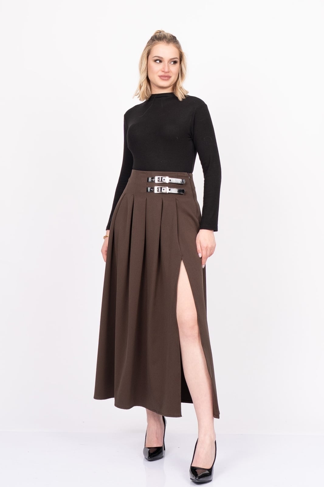 EleganceBelt Slit Skirt – Premium Pileli & Yırtmaçlı Etek 6829