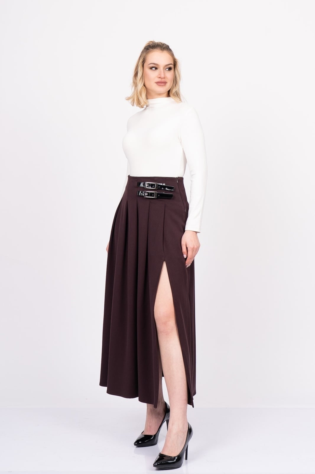 EleganceBelt Slit Skirt – Premium Pileli & Yırtmaçlı Etek 6829