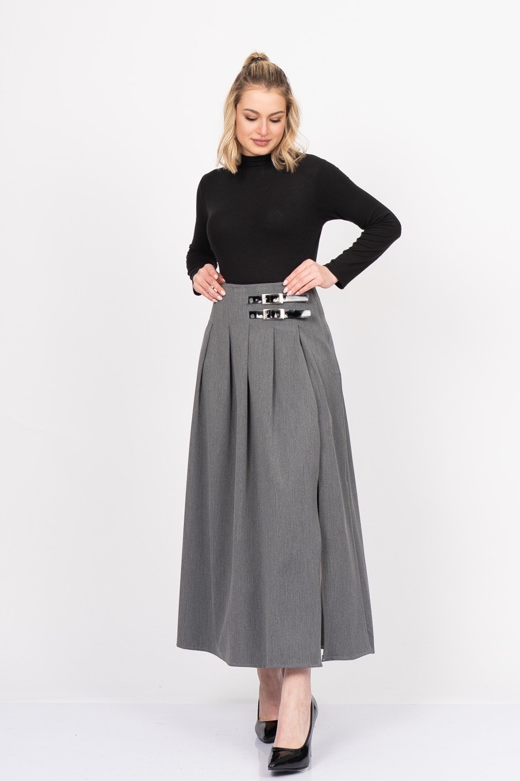 EleganceBelt Slit Skirt – Premium Pileli & Yırtmaçlı Etek 6829