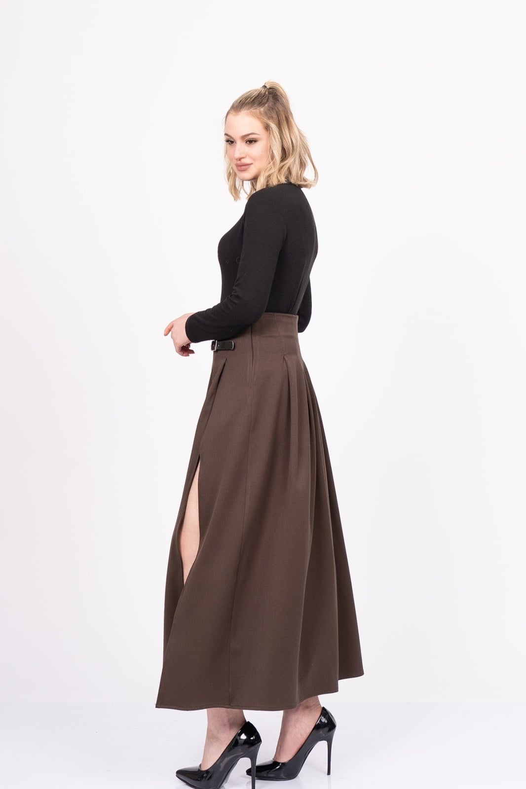 EleganceBelt Slit Skirt – Premium Pileli & Yırtmaçlı Etek 6829