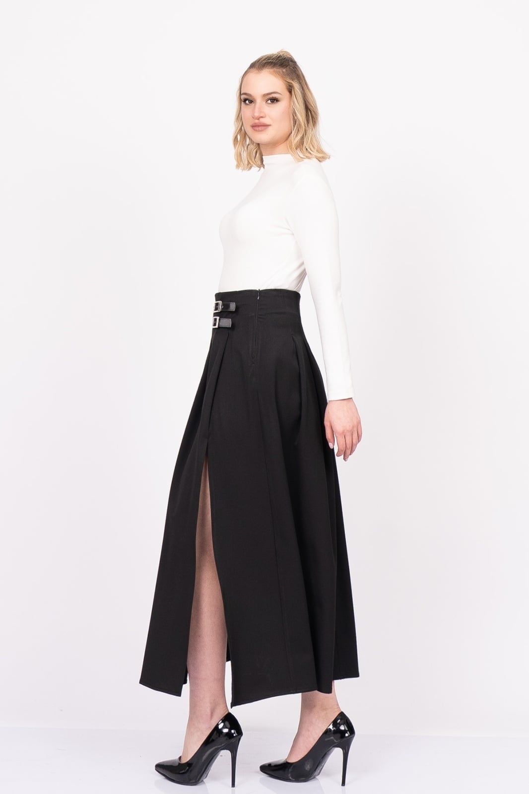 EleganceBelt Slit Skirt – Premium Pileli & Yırtmaçlı Etek 6829