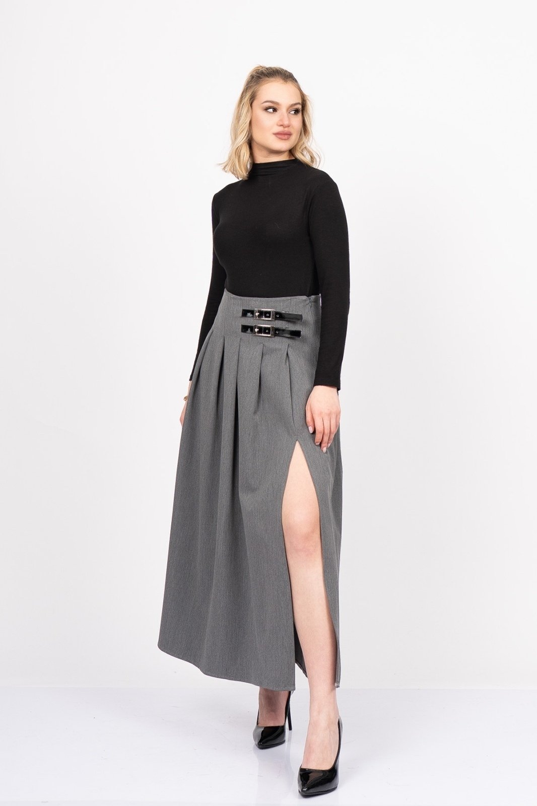 EleganceBelt Slit Skirt – Premium Pileli & Yırtmaçlı Etek 6829