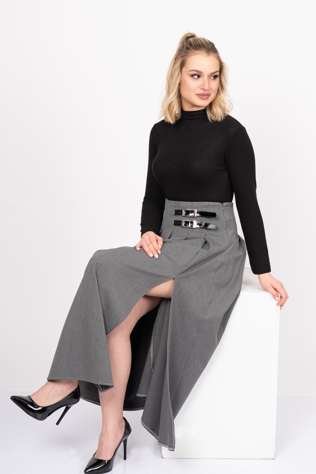 EleganceBelt Slit Skirt – Premium Pileli & Yırtmaçlı Etek 6829