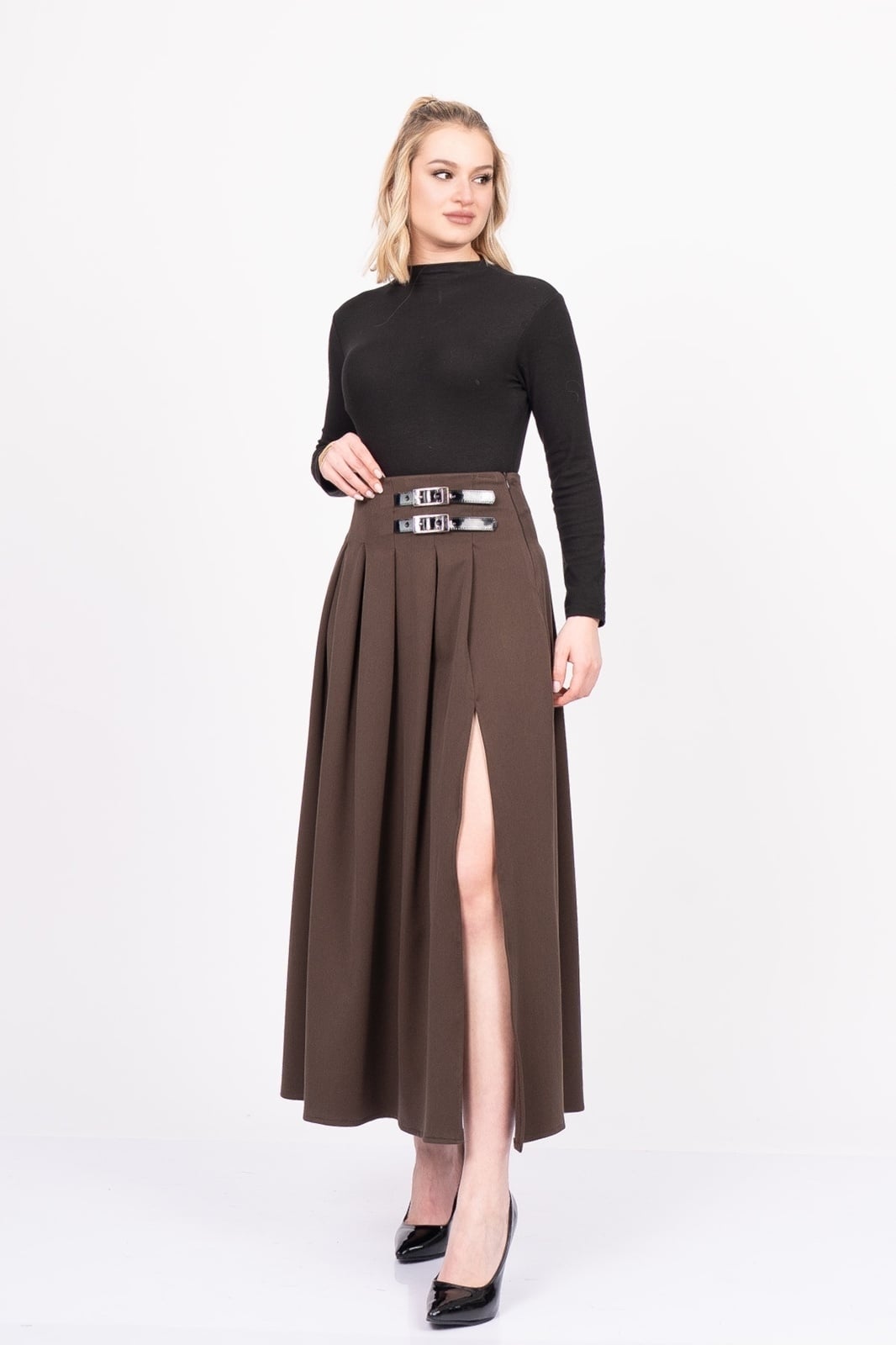EleganceBelt Slit Skirt – Premium Pileli & Yırtmaçlı Etek 6829