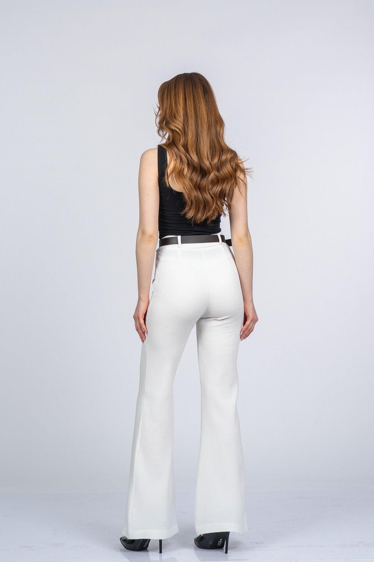 Elegant İspanyol Paça Kadın Pantolon - Yüksek Bel Kemerli Likralı Fitilli Krep Kumaş