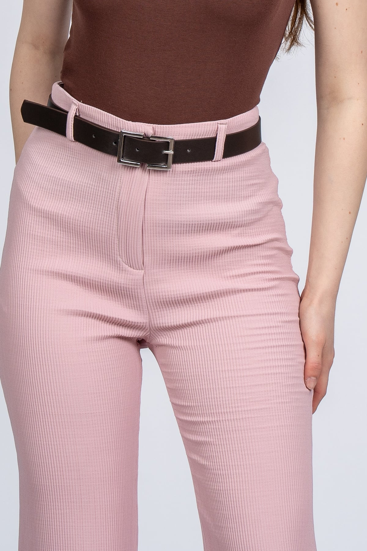 Elegant İspanyol Paça Kadın Pantolon - Yüksek Bel Kemerli Likralı Fitilli Krep Kumaş
