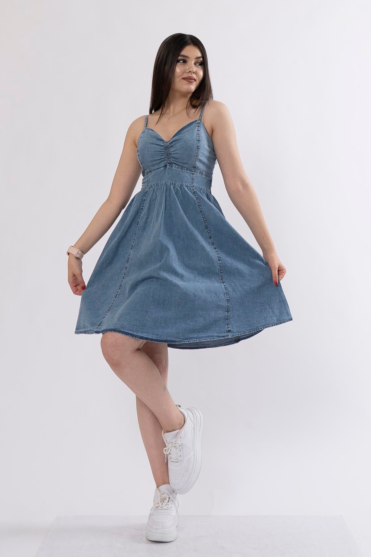İp Askı Jean Kot Denim Elbise