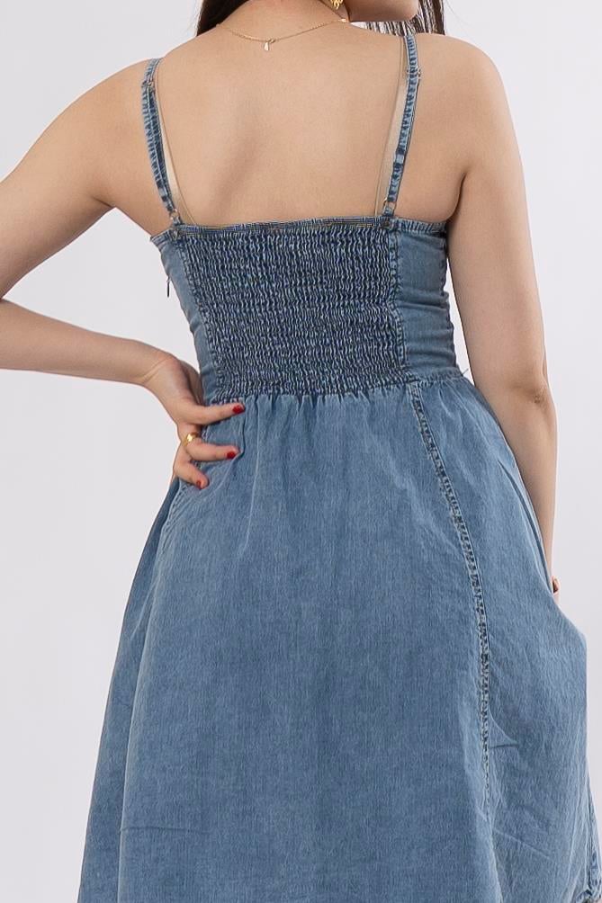 İp Askı Jean Kot Denim Elbise