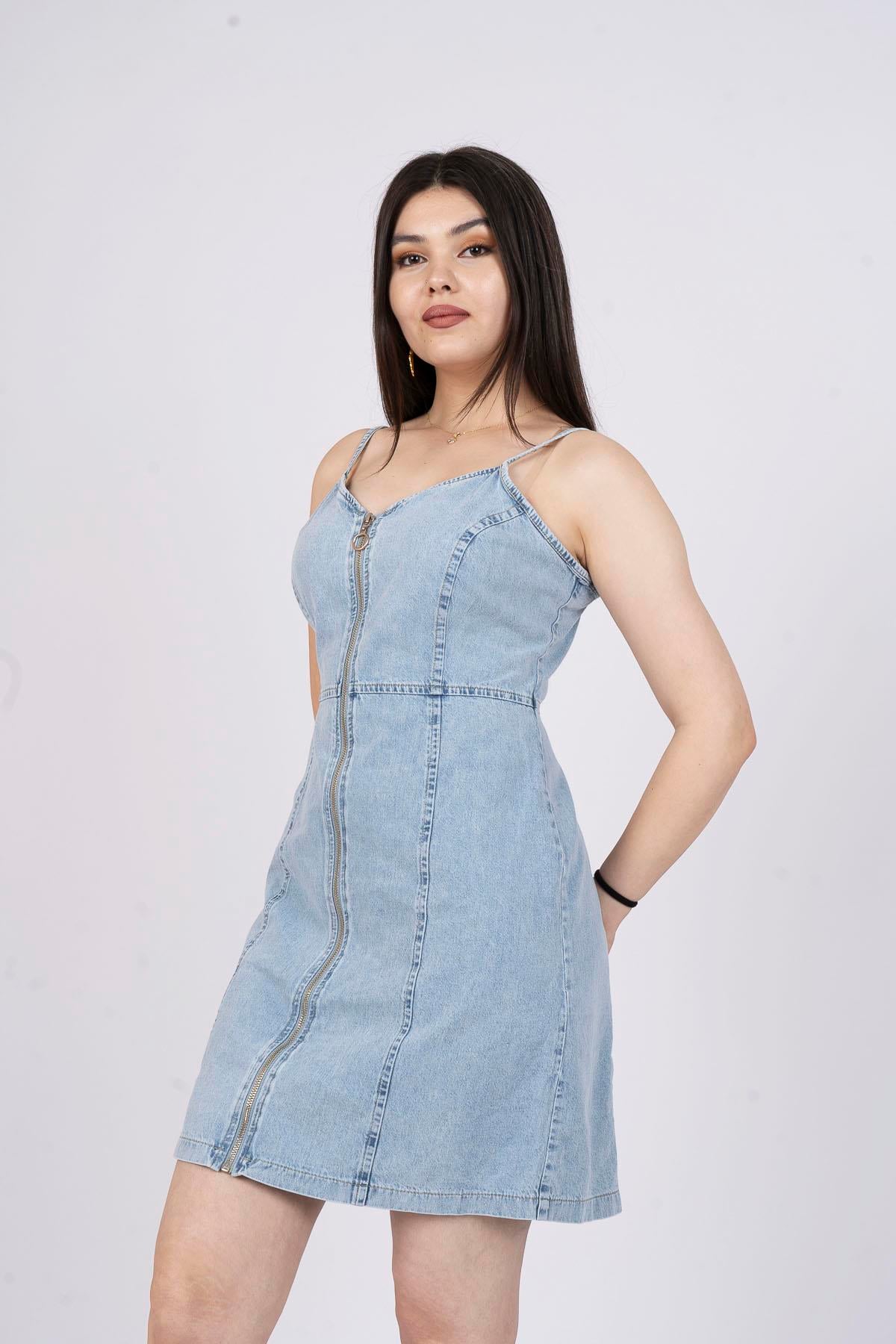 İp Askılı Kot Jean Önden Fermuarlı Elbise