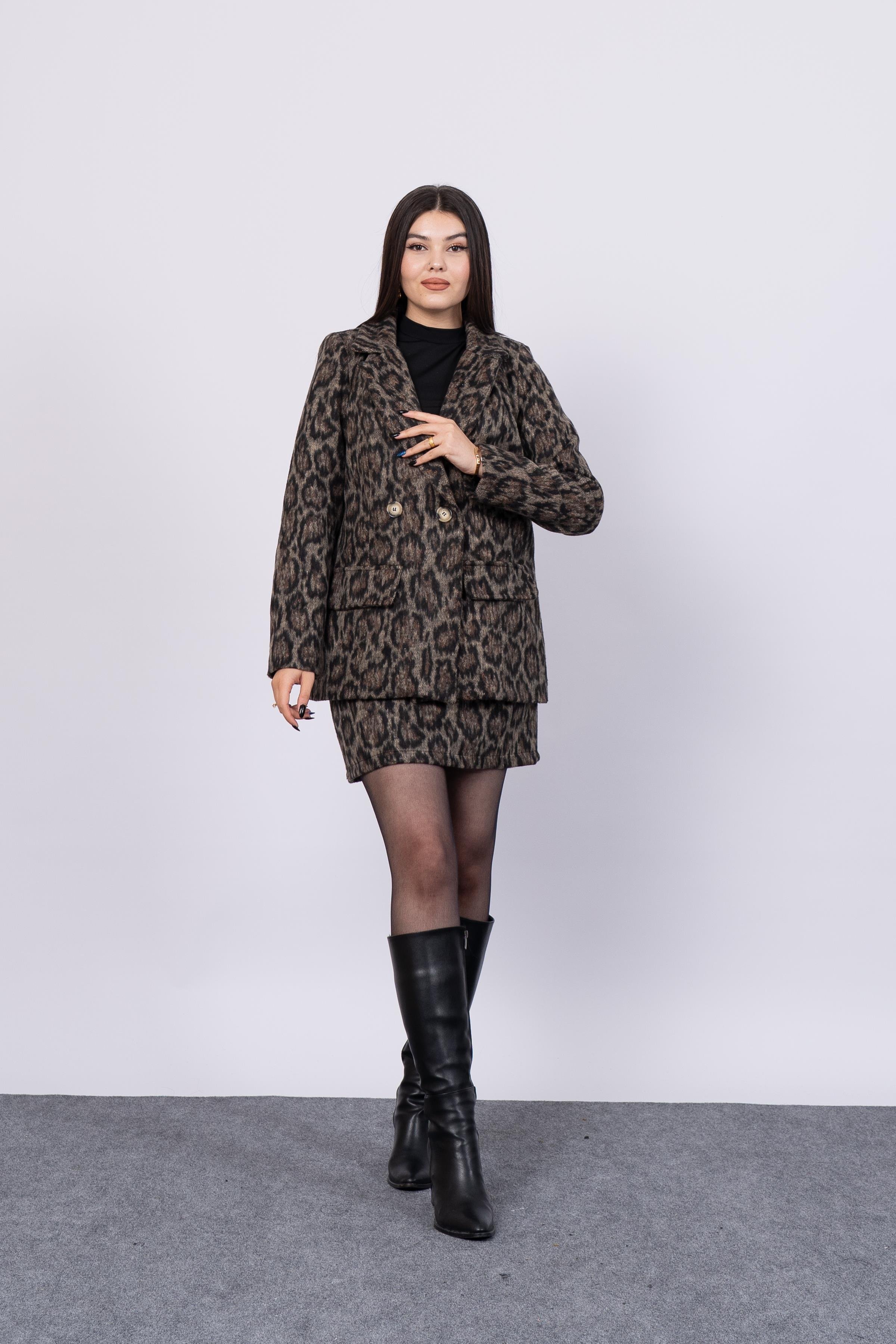 Kaşe Leopar Ceket Ve Etek Takım 8601