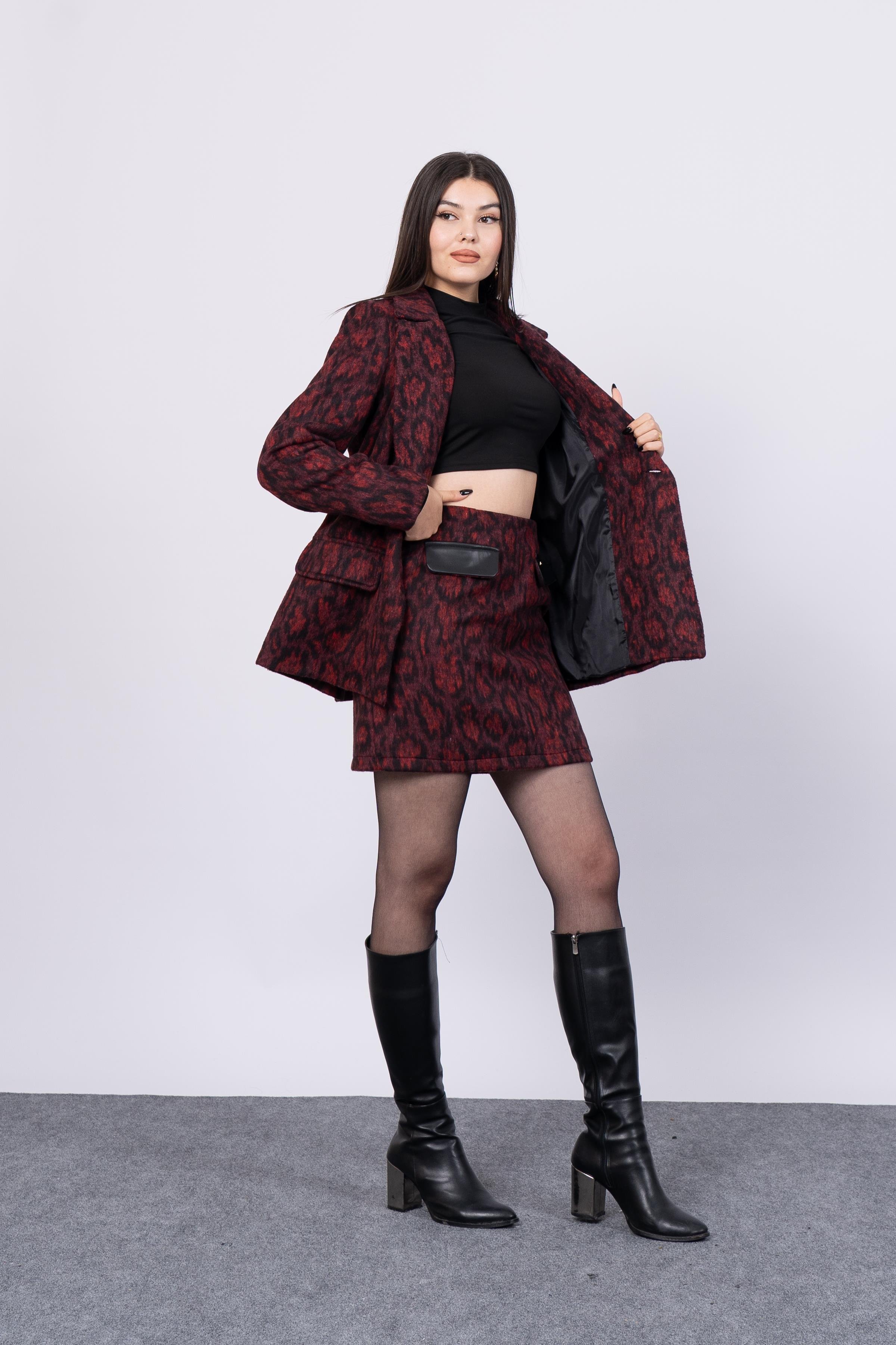 Kaşe Leopar Ceket Ve Etek Takım 8601