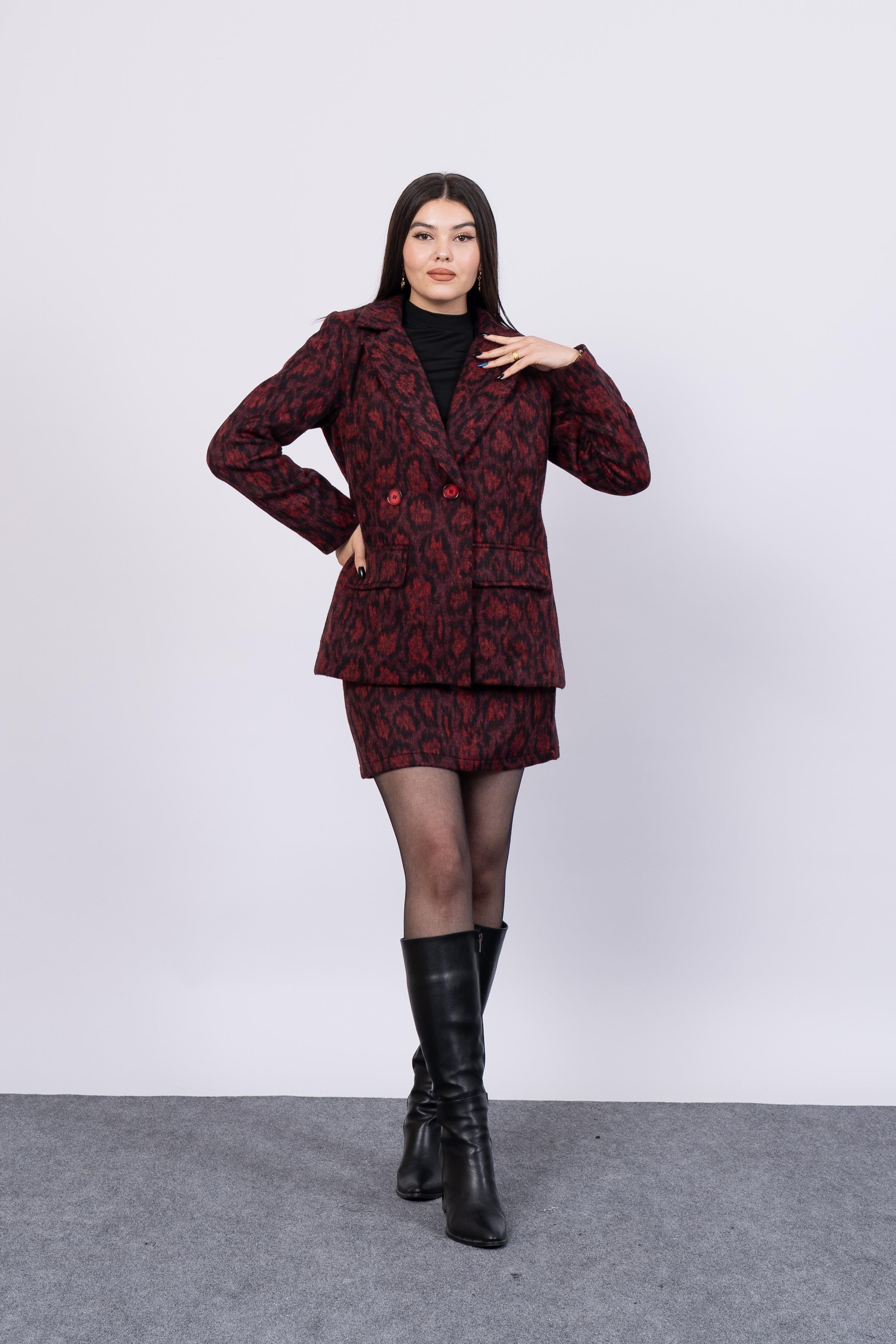 Kaşe Leopar Ceket Ve Etek Takım 8601
