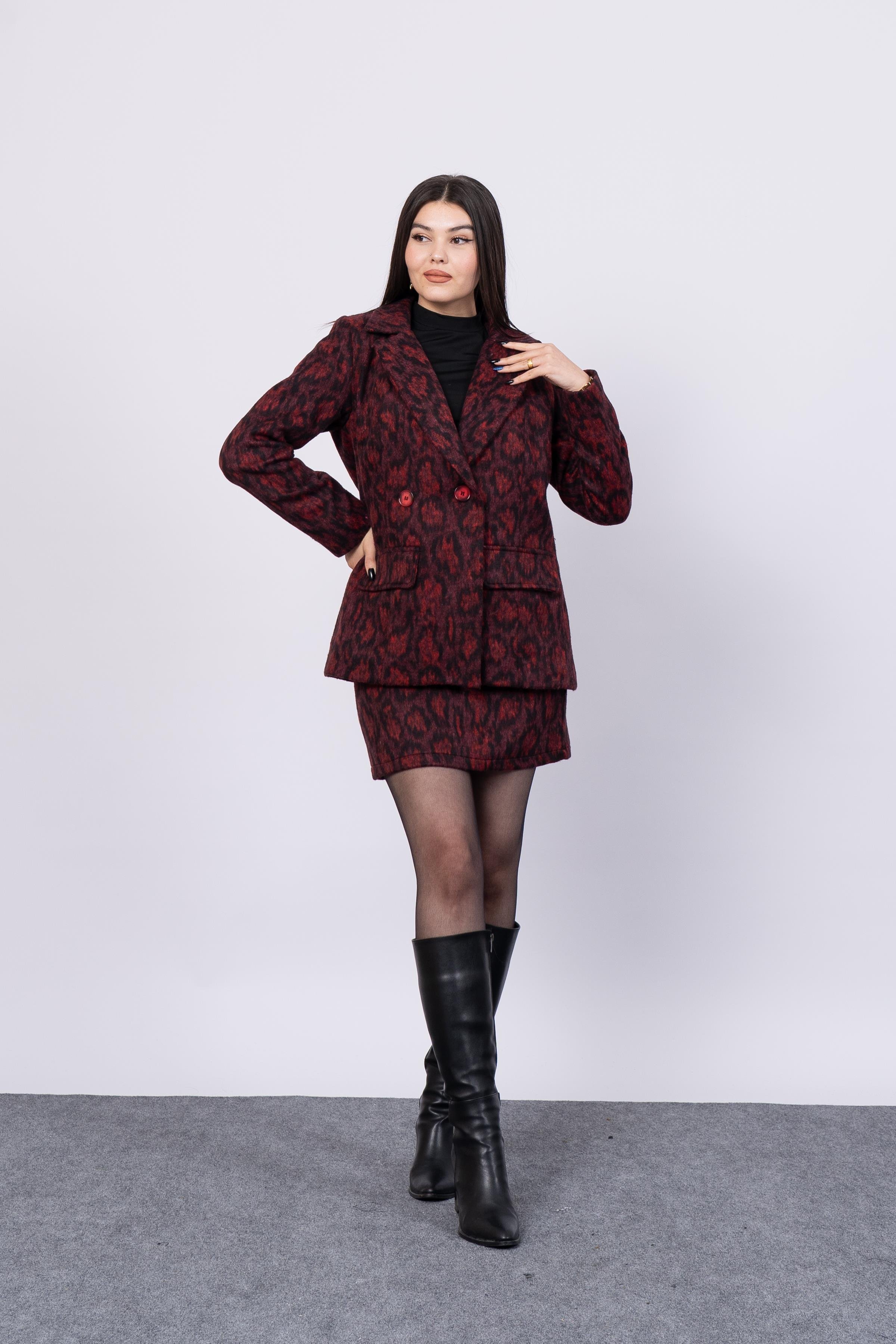 Kaşe Leopar Ceket Ve Etek Takım 8601