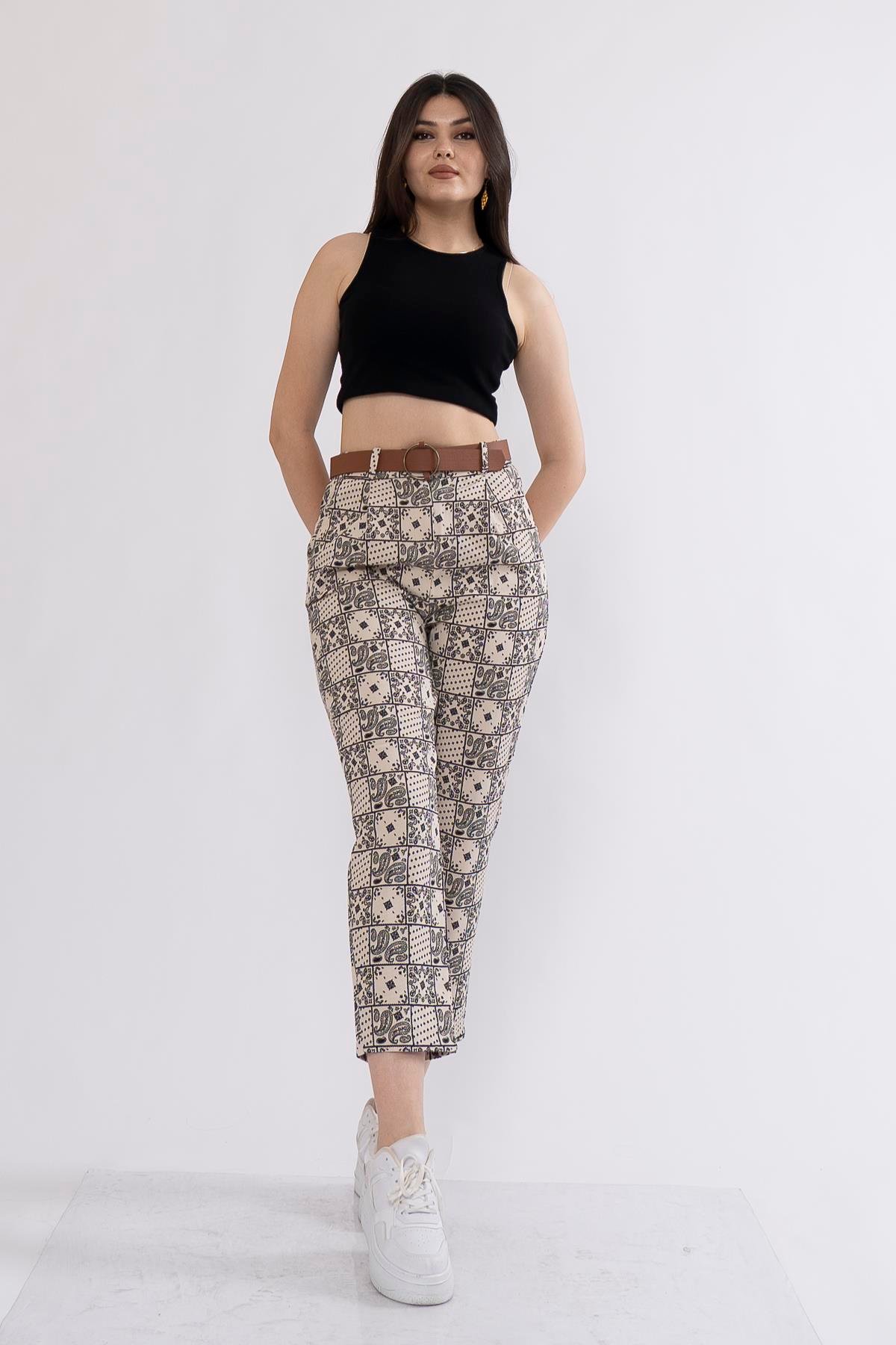 Kemerli Kot Gabardin Kumaş Desenli Trend Pantolon 3952